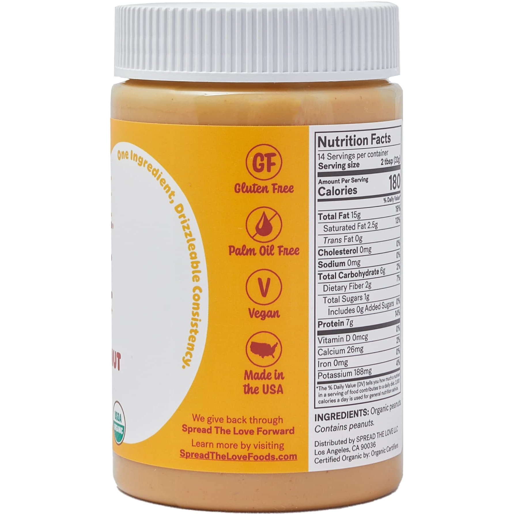 Spread The Love Naked Organic Peanut Butter, 16 Ounce (Organic, All Natural, Vegan, Gluten-Free, Creamy, Dry-Roasted, No Added Salt, No Added Sugar, No Palm Oil) (1-Pack)
