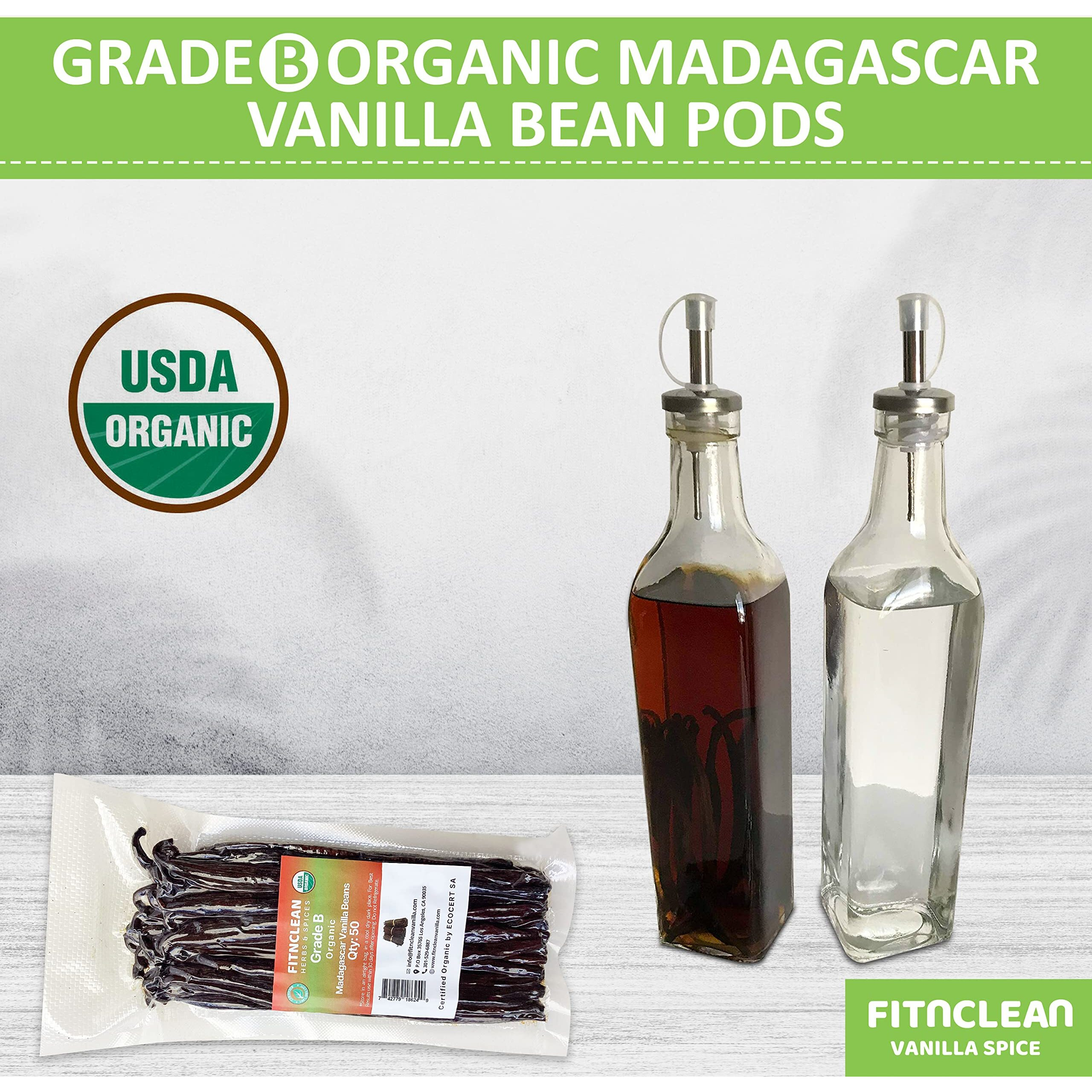 50 Madagascar Organic Vanilla Beans Grade B. Certified Usda Organic. 5""-7"" By Fitnclean Vanilla For Extract, Cooking And Baking. Whole Non-Gmo Bourbon Pods