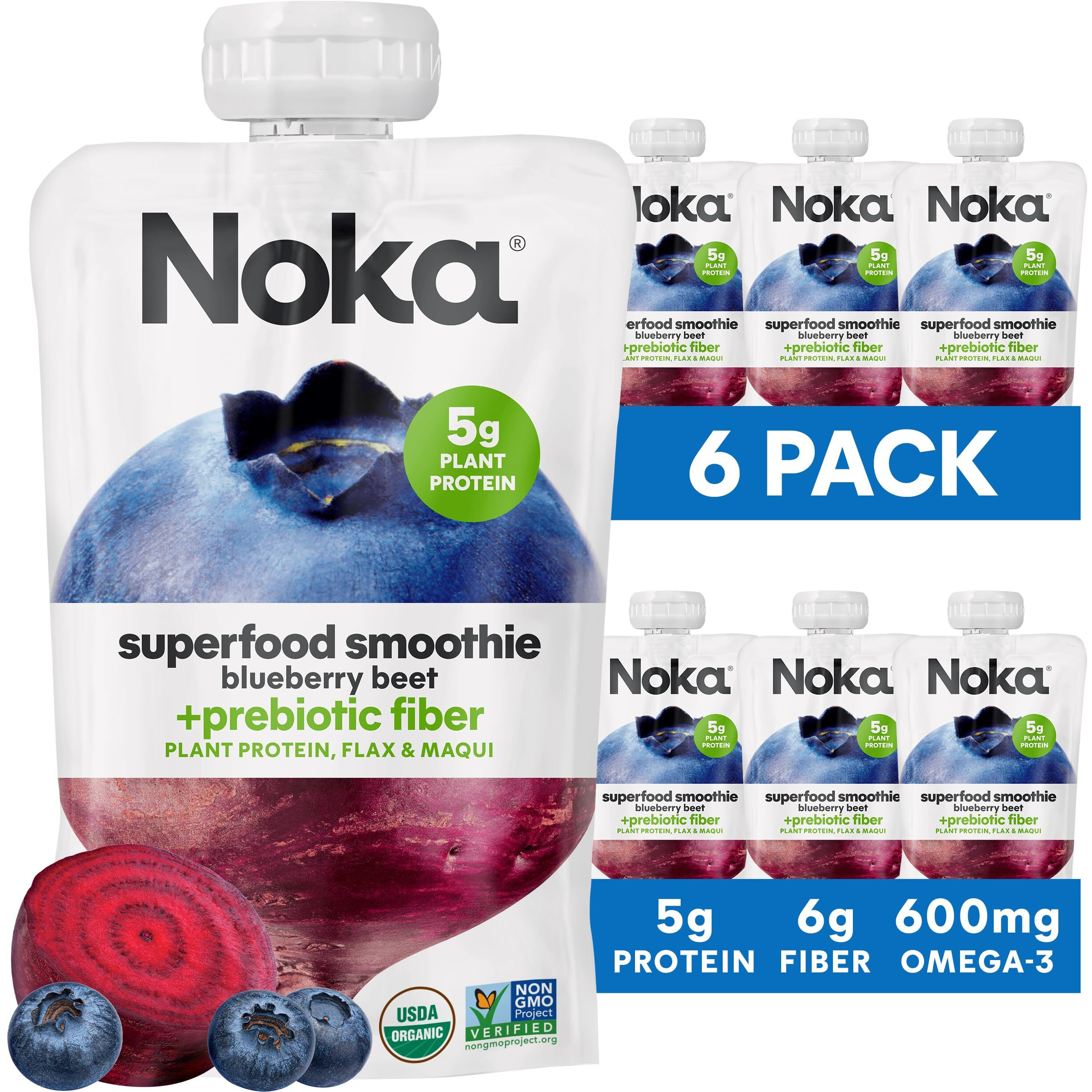 Noka Superfood Fruit Smoothie Pouches, Blueberry Beet, Healthy Snacks With Flax Seed, Plant Protein And Prebiotic Fiber, Vegan And Gluten Free Snacks, Organic Squeeze Pouch, 4.22 Oz, 6 Count