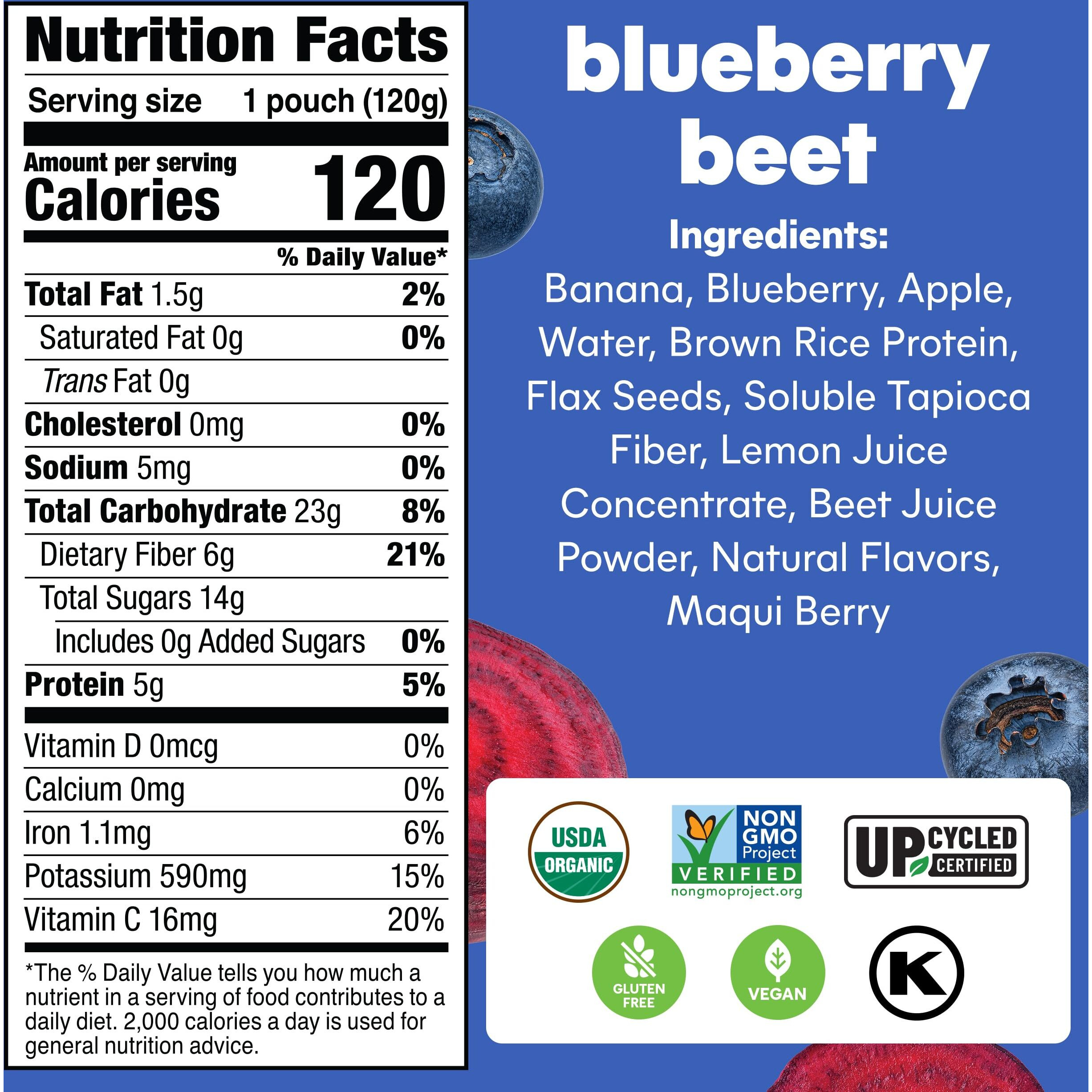 Noka Superfood Fruit Smoothie Pouches, Blueberry Beet, Healthy Snacks With Flax Seed, Plant Protein And Prebiotic Fiber, Vegan And Gluten Free Snacks, Organic Squeeze Pouch, 4.22 Oz, 6 Count
