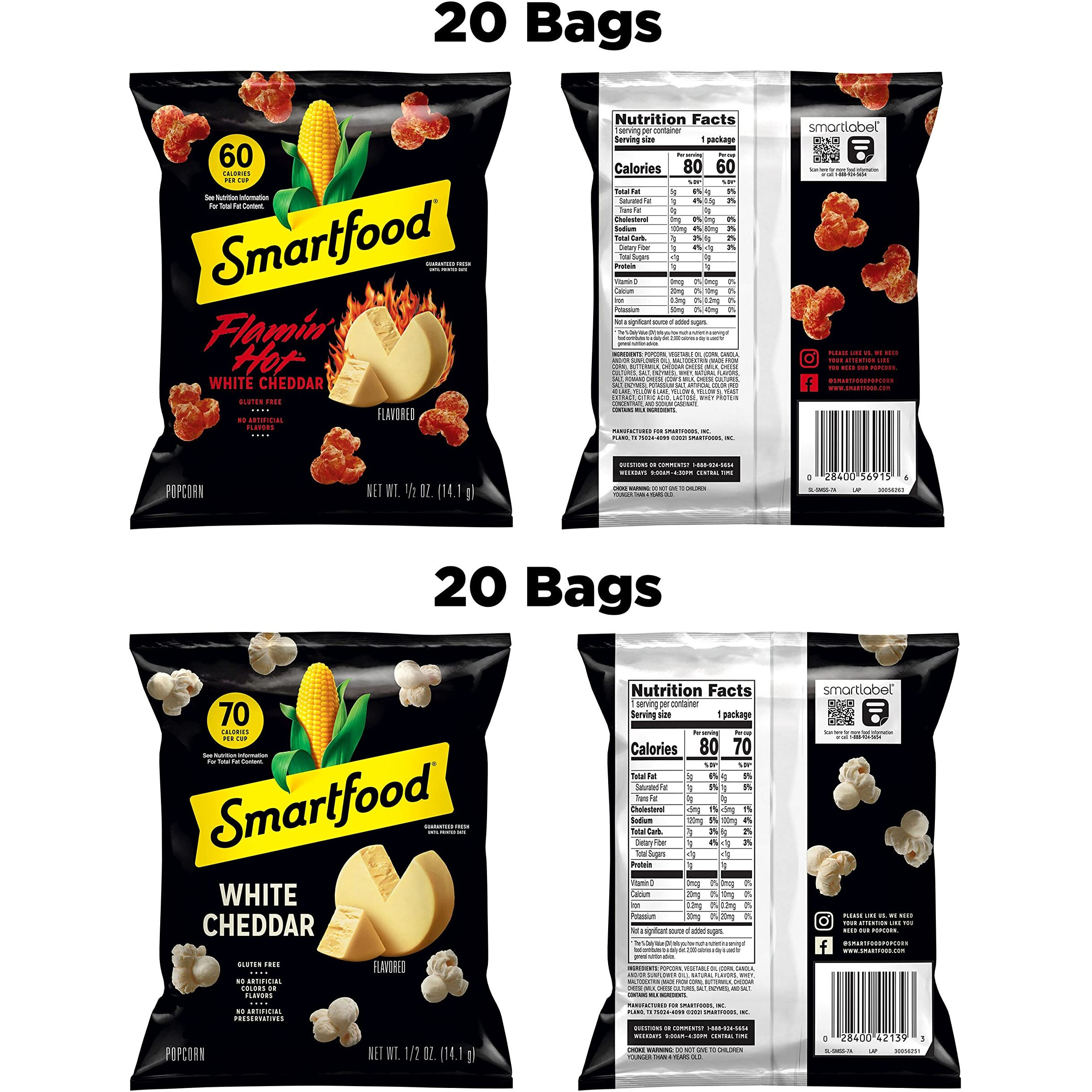 Smartfood Popcorn, White Cheddar And Flamin' Hot White Cheddar Variety Pack, 0.5 Ounce (Pack Of 40)