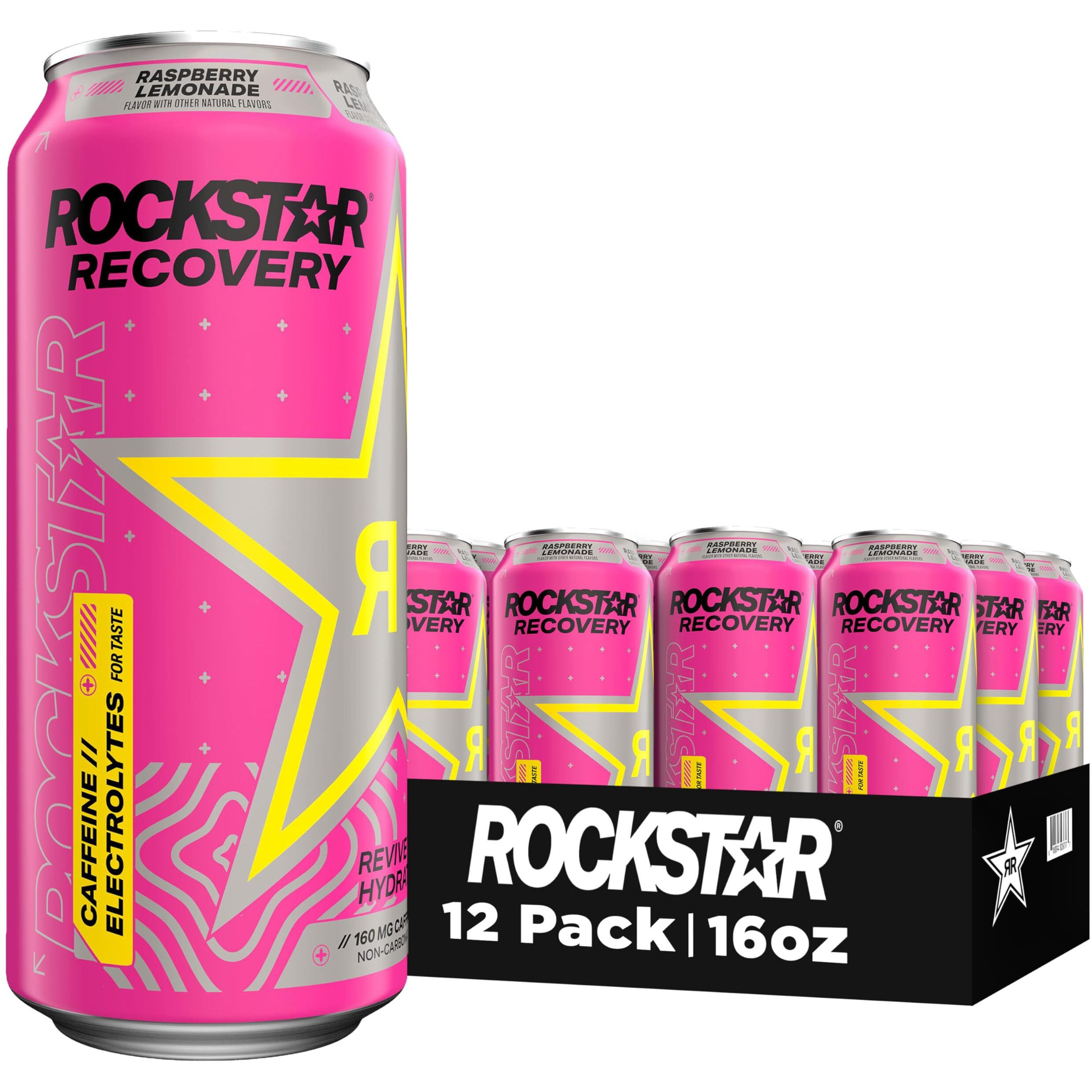 Rockstar Recovery Non-Carbonated Energy Drink, Raspberry Lemonade, 16 Fl Oz Cans, (12 Pack), Hydration // Mind-Body Energy, 160Mg Caffeine, B Vitamins, Electrolytes
