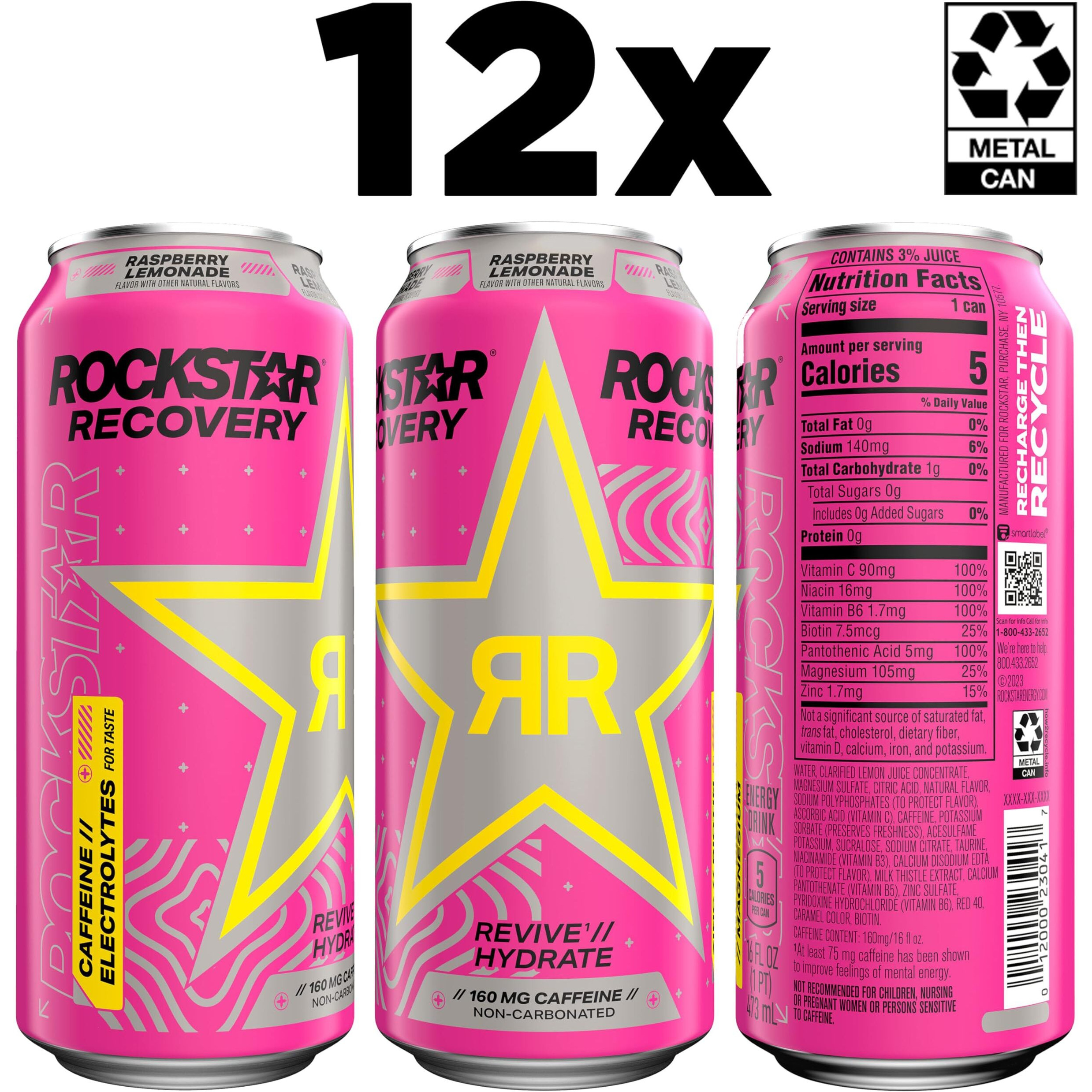 Rockstar Recovery Non-Carbonated Energy Drink, Raspberry Lemonade, 16 Fl Oz Cans, (12 Pack), Hydration // Mind-Body Energy, 160Mg Caffeine, B Vitamins, Electrolytes