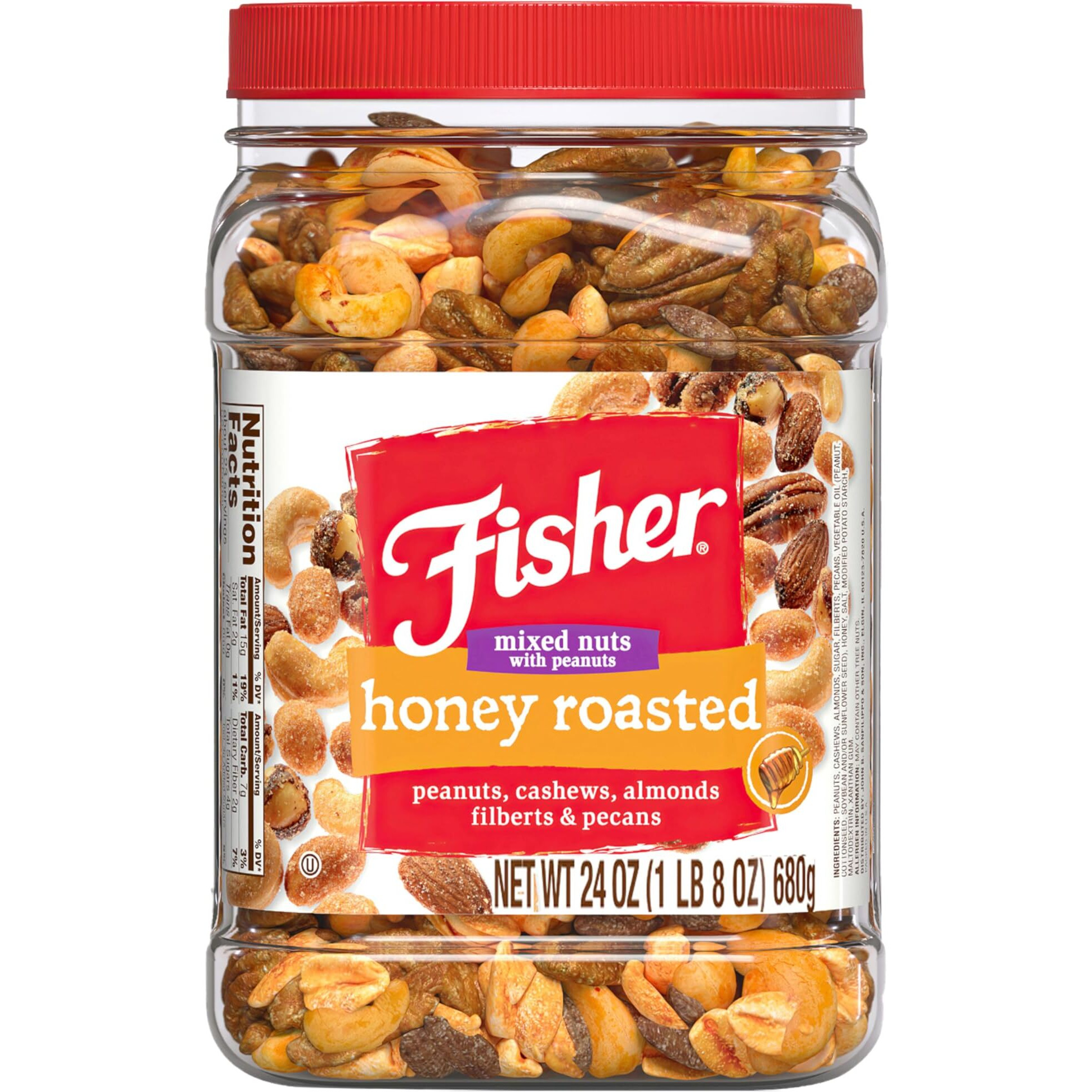 Fisher Snack Honey Roasted Mixed Nuts With Peanuts, 24 Ounces, Peanuts, Cashews, Almonds, Filberts, Pecans