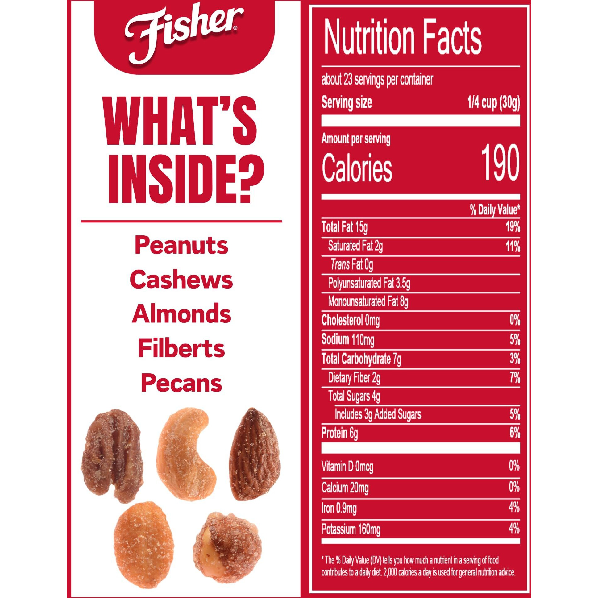 Fisher Snack Honey Roasted Mixed Nuts With Peanuts, 24 Ounces, Peanuts, Cashews, Almonds, Filberts, Pecans