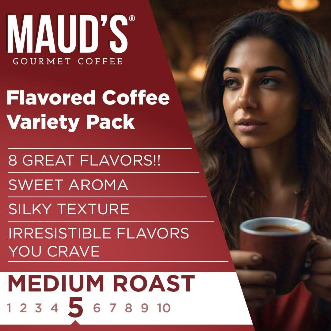 Maud's Flavored Coffee Pods Variety Pack, 40 Ct | 9 Assorted Coffee Flavors | 100% Arabica Roasted Coffee | Solar Energy Produced Recyclable Pods Compatible With Keurig K Cups Maker