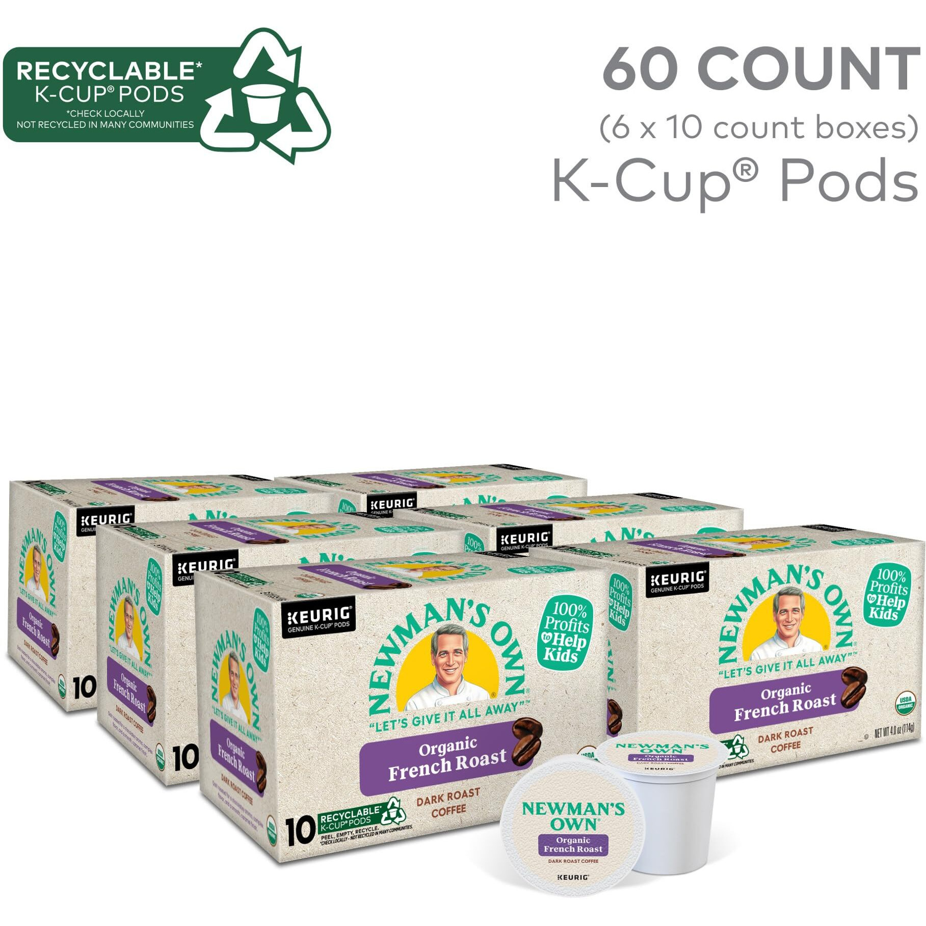 Newman's Own Organic French Roast Coffee, Keurig Single Serve K-Cup Pods, Dark Roast Coffee, 60 Count, (6 Packs Of 10)