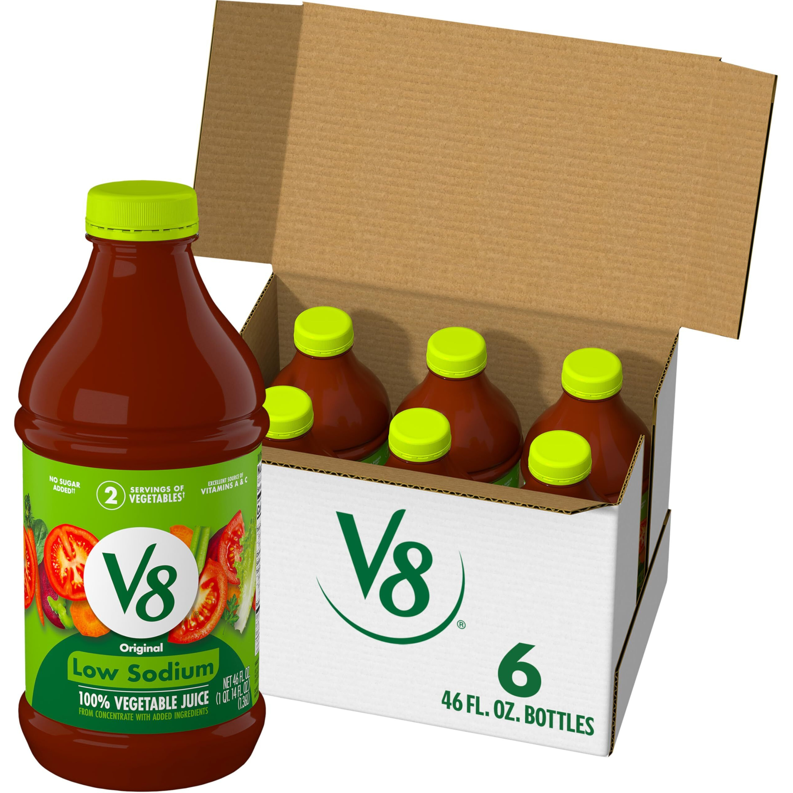 V8 Low Sodium Original 100% Vegetable Juice, 46 Fl Oz Bottle (Case Of 6)