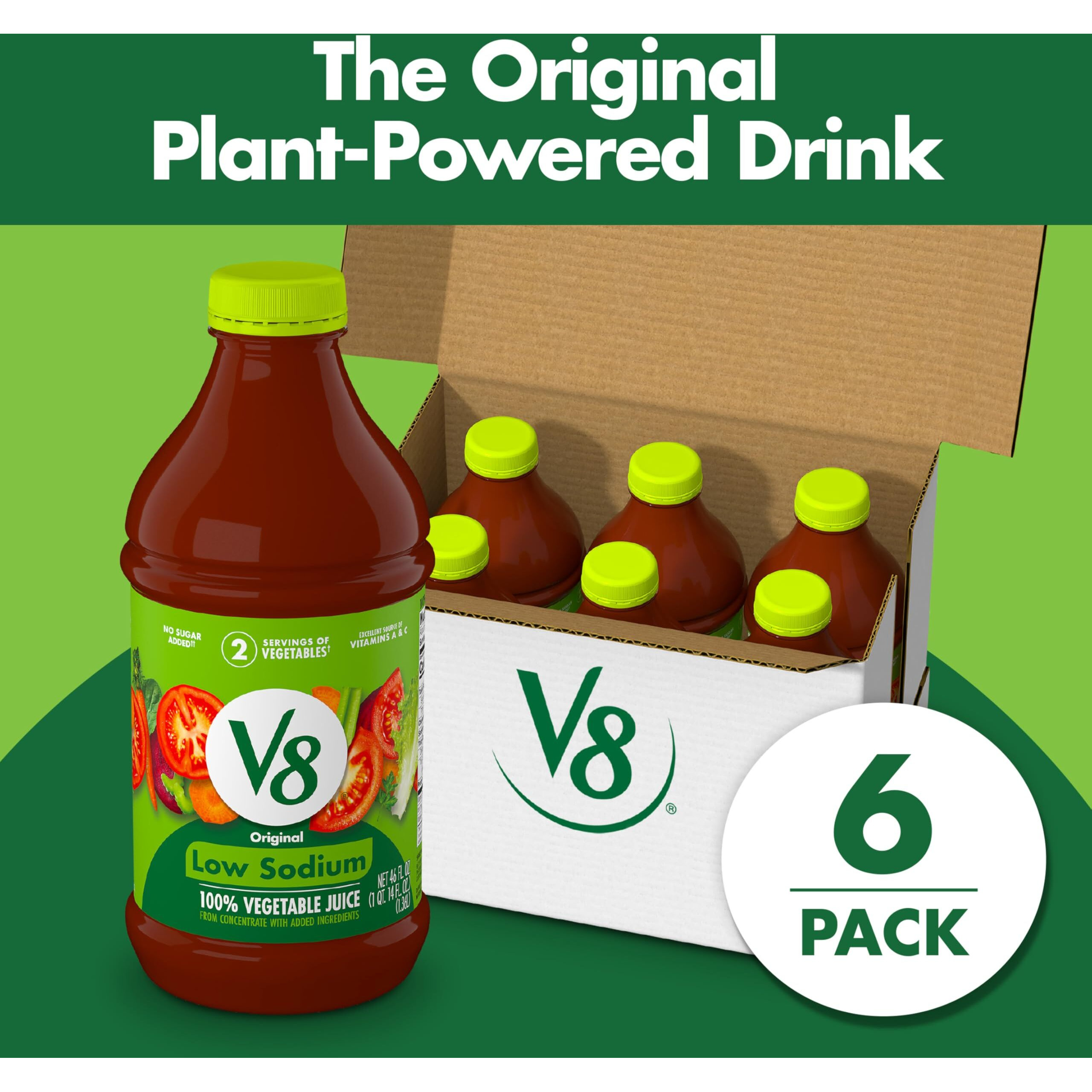 V8 Low Sodium Original 100% Vegetable Juice, 46 Fl Oz Bottle (Case Of 6)
