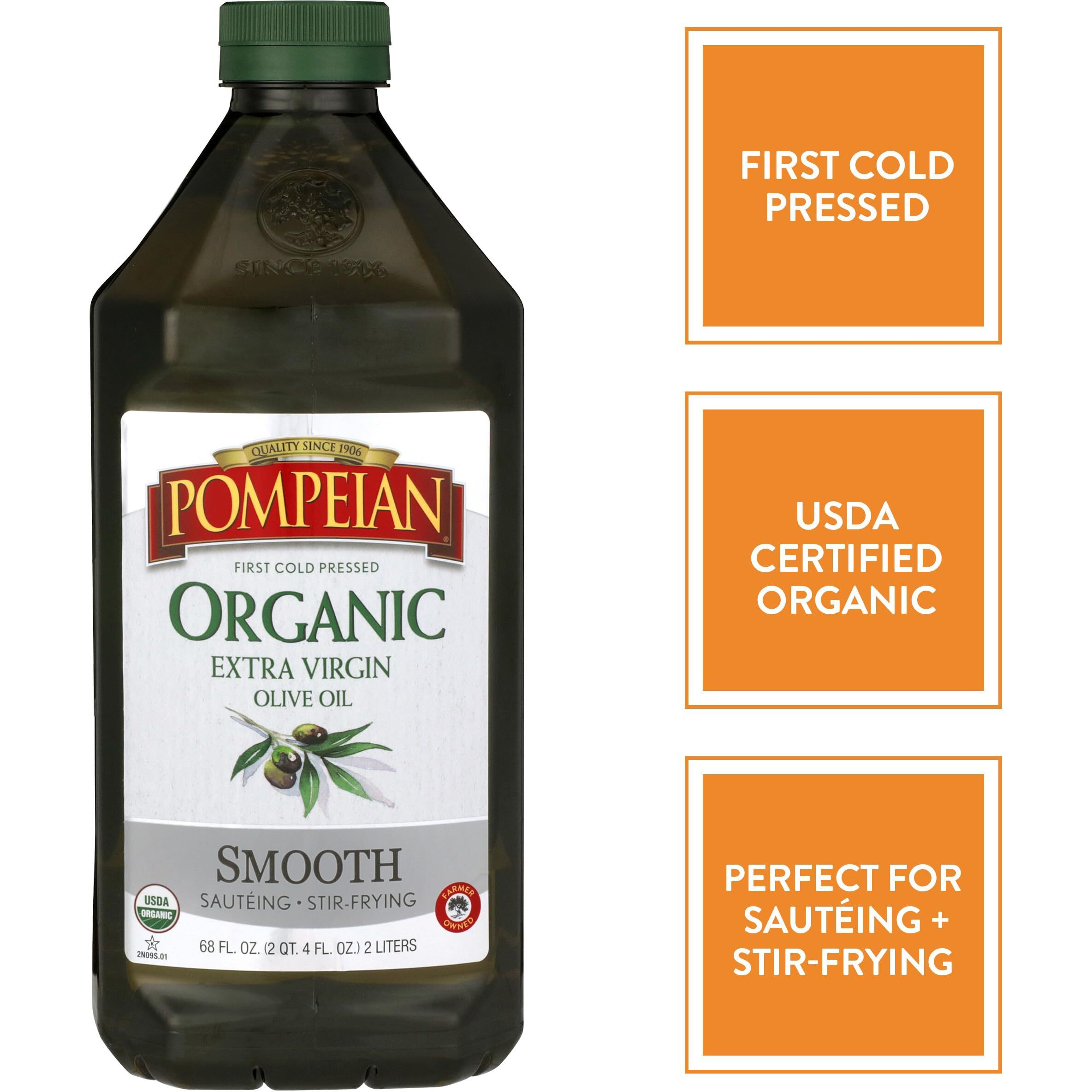 Pompeian Usda Organic Smooth Extra Virgin Olive Oil, First Cold Pressed, Smooth, Delicate Flavor, Perfect For Saut  Ing & Stir-Frying, 68 Fl. Oz.