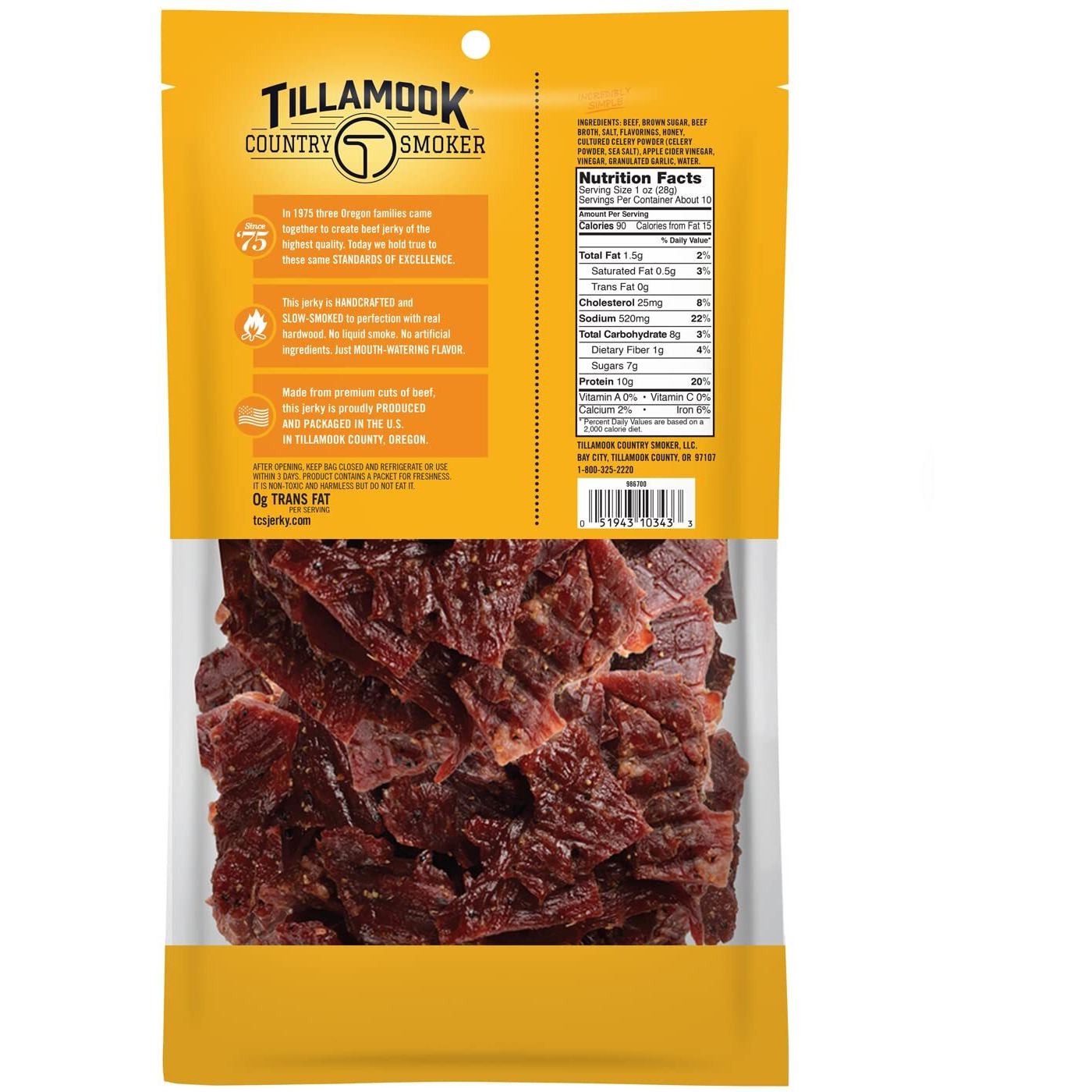 Tillamook Country Smoker Real Hardwood Smoked Beef Jerky, Honey Glazed, 10 Ounce