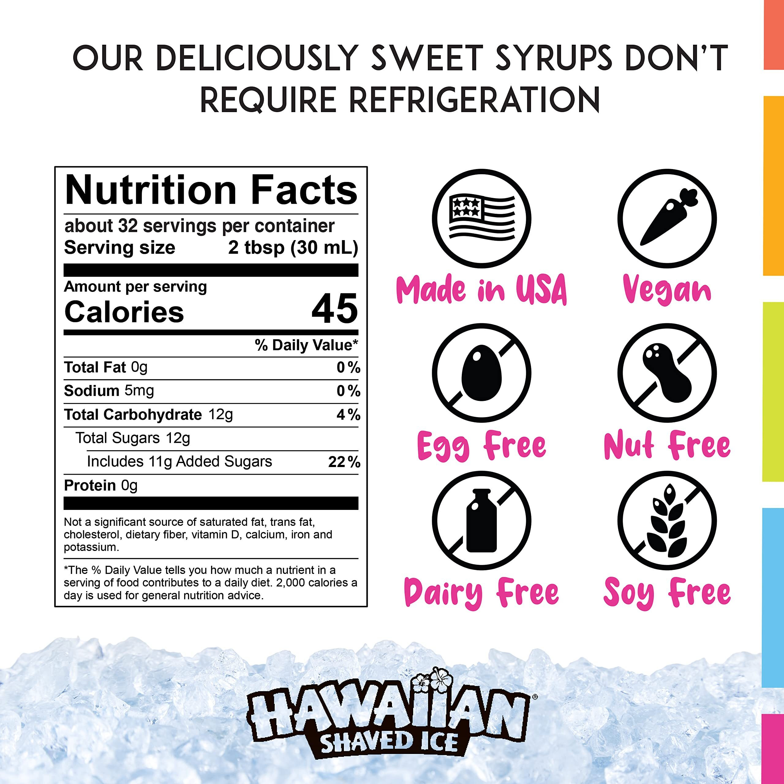 Hawaiian Shaved Ice Syrup Assortment, 6-32Oz Bottles Of The Most Popular Flavors Cherry, Grape, Blue Raspberry, Tigers Blood, Lemon-Lime, & Pina Colada. Allergy-Friendly
