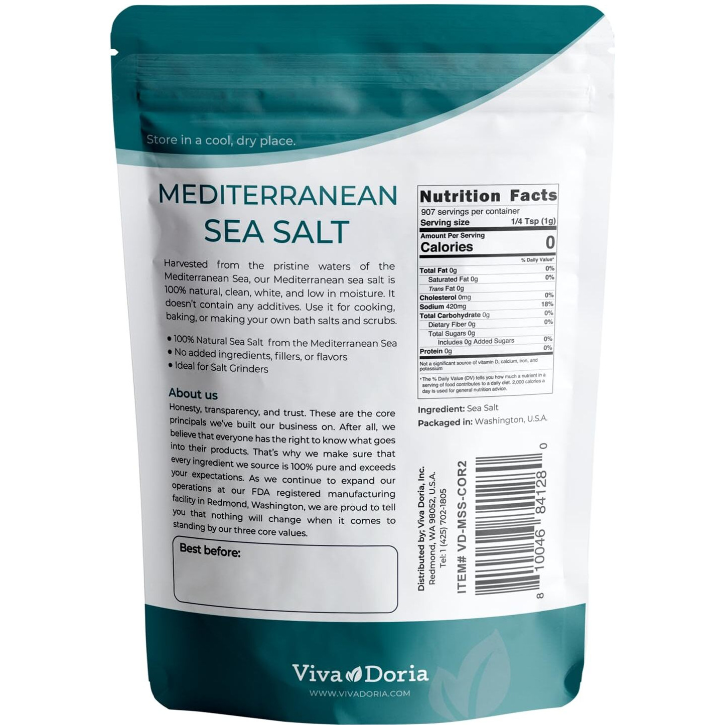 Viva Doria Mediterranean Sea Salt, Coarse Grain, 2 Lb