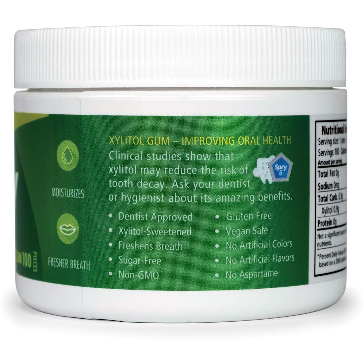 Spry Fresh Natural Xylitol Chewing Gum Dental Defense System Aspartame-Free Sugar Free Gum (Spearmint, 100 Count - Pack Of 2)