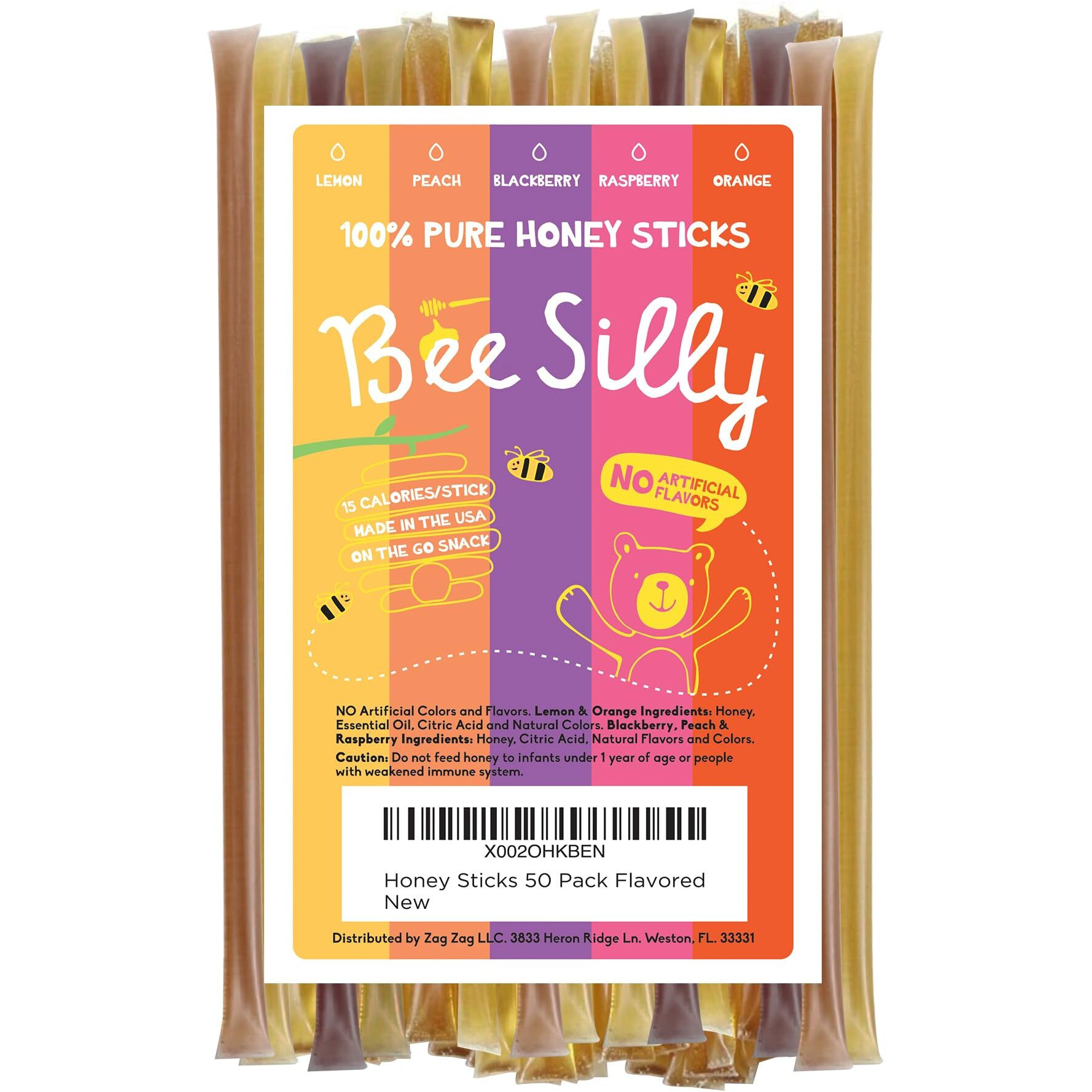 Honey Sticks Flavored (Pack Of 50) - All Natural & No Artificial Flavours - Single Serve Raw Honey For Tea & Coffee - Healthy Snack For Kids & Adults - Pure American Honey Sticks By Bee Silly Honey