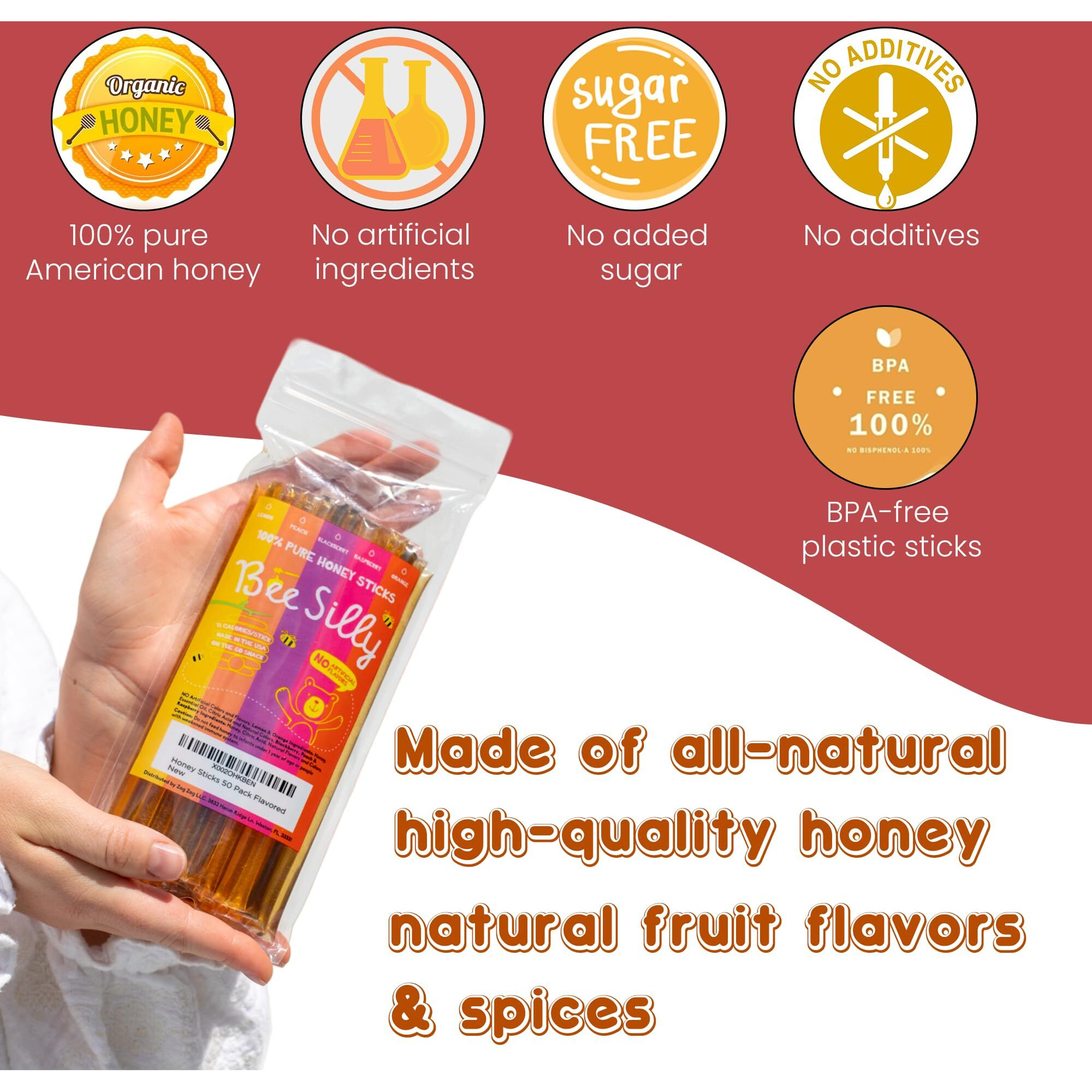 Honey Sticks Flavored (Pack Of 50) - All Natural & No Artificial Flavours - Single Serve Raw Honey For Tea & Coffee - Healthy Snack For Kids & Adults - Pure American Honey Sticks By Bee Silly Honey