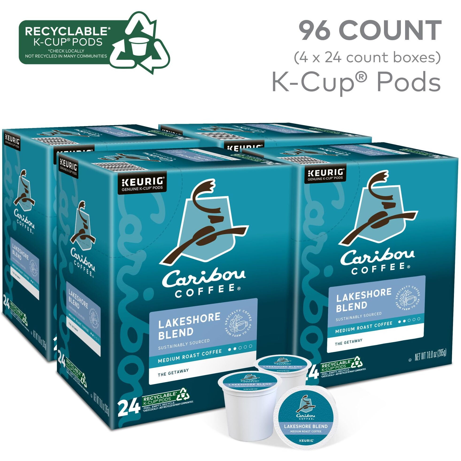 Caribou Coffee Lakeshore Blend Keurig Single-Serve K-Cup Pods, Medium Roast, 24 Count (Pack Of 4)