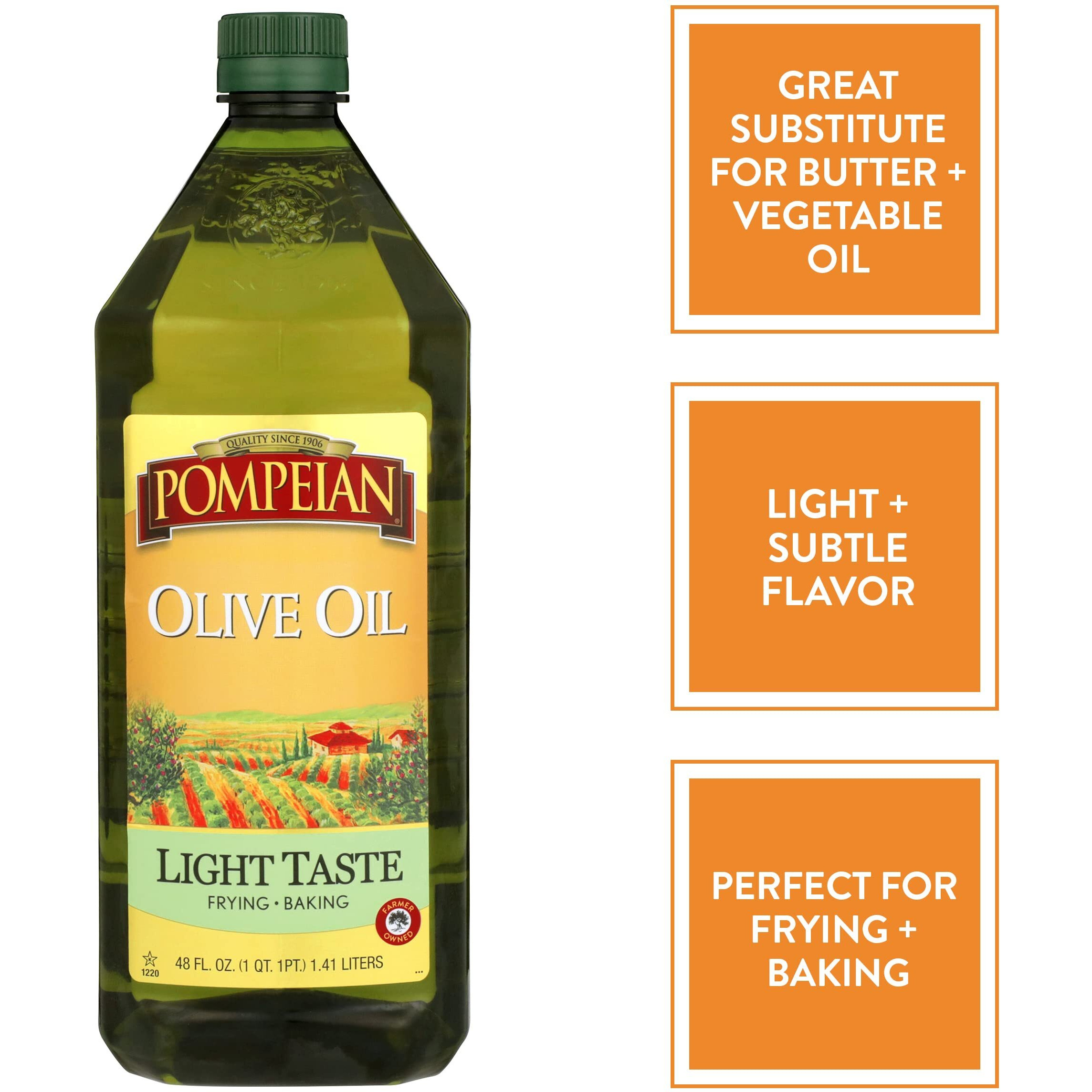 Pompeian Light Taste Olive Oil, Subtle Flavor, Perfect For Frying & Baking, Naturally Gluten Free, Non-Allergenic, Non-Gmo, 48 Fl. Oz.