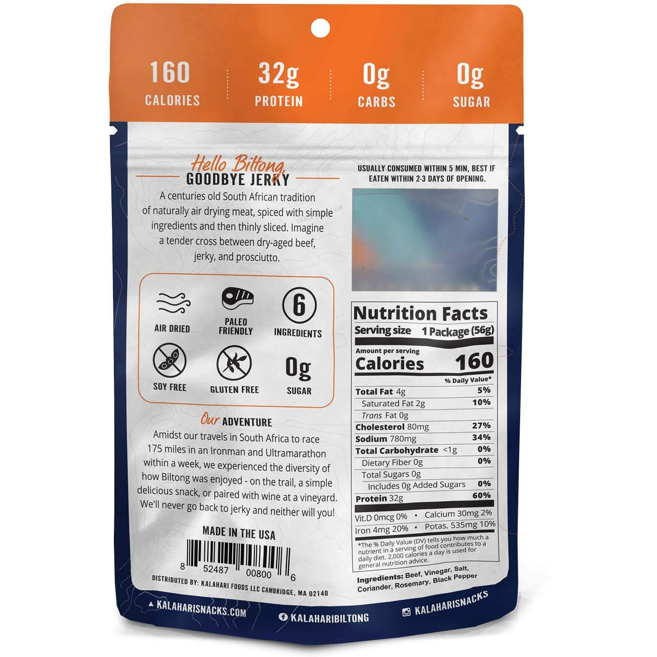 Original Kalahari Biltong, Air-Dried Thinly Sliced Beef, 2Oz (Pack Of 5), Sugar Free, Gluten Free, Keto & Paleo, High Protein Snack