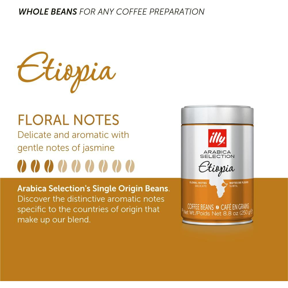 Illy Whole Bean Coffee - Perfectly Roasted Whole Coffee Beans - Etiopia Bold Roast - Gentle Notes Of Jasmine - Floral Notes - 100% Arabica Coffee - No Preservatives - 8.8 Ounce, 6 Pack