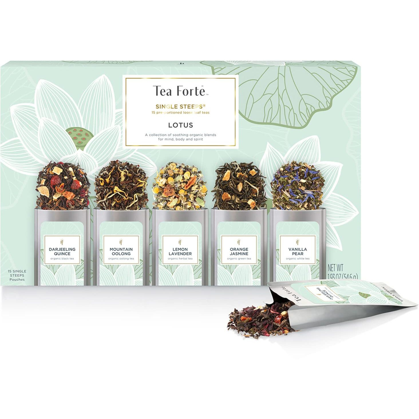 Tea Forte Single Steeps Loose Leaf Lotus Tea Sampler, Assorted Variety Tea Box, Serve Pouches,15 Count (Pack Of 1)