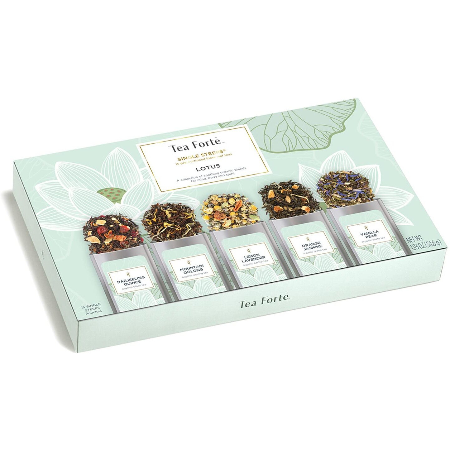 Tea Forte Single Steeps Loose Leaf Lotus Tea Sampler, Assorted Variety Tea Box, Serve Pouches,15 Count (Pack Of 1)