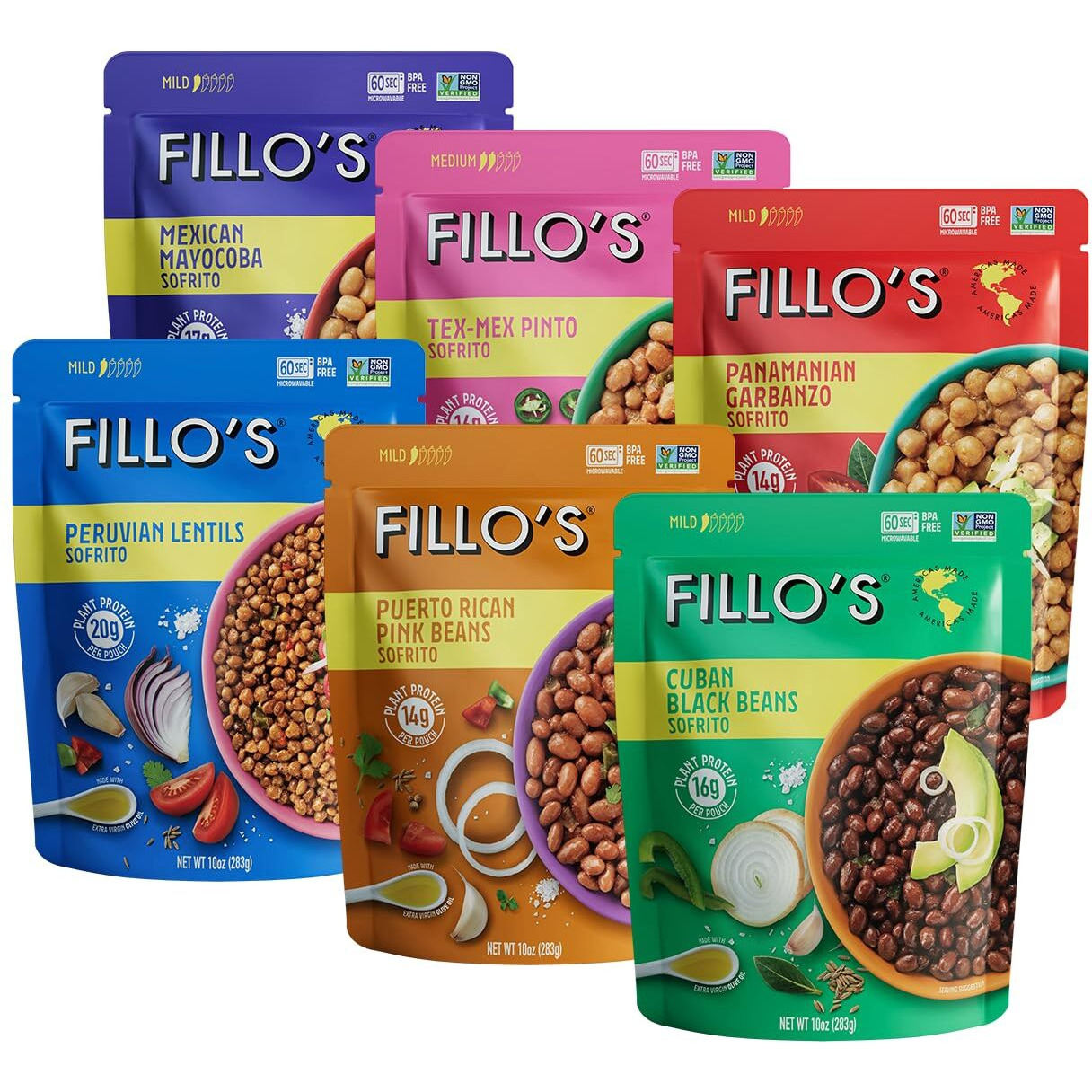 Fillo's Ready To Eat Beans & Lentils Variety Pack | Black Beans, Lentils, Pinto Beans, Mayocoba Beans | Gluten-Free, Preservative-Free, Microwavable Meals, Non-Gmo, Vegan, Plant Protein, 10 Oz Pk Of 6