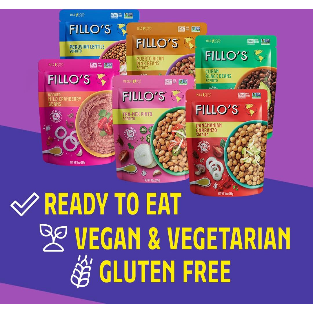 Fillo's Ready To Eat Beans & Lentils Variety Pack | Black Beans, Lentils, Pinto Beans, Mayocoba Beans | Gluten-Free, Preservative-Free, Microwavable Meals, Non-Gmo, Vegan, Plant Protein, 10 Oz Pk Of 6