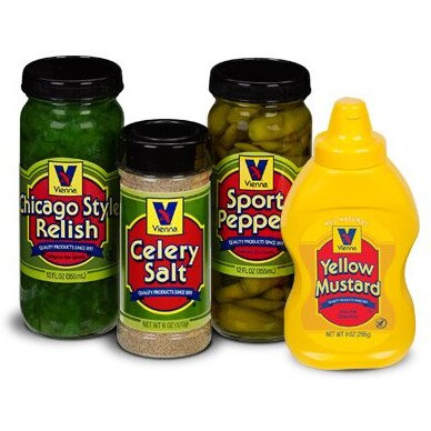 Vienna Chicago-Style Condiment Kit (1 Jar Yellow Mustard, 1 Jar Green Relish, 1 Jar Sport Peppers, 1 Jar Celery Salt)