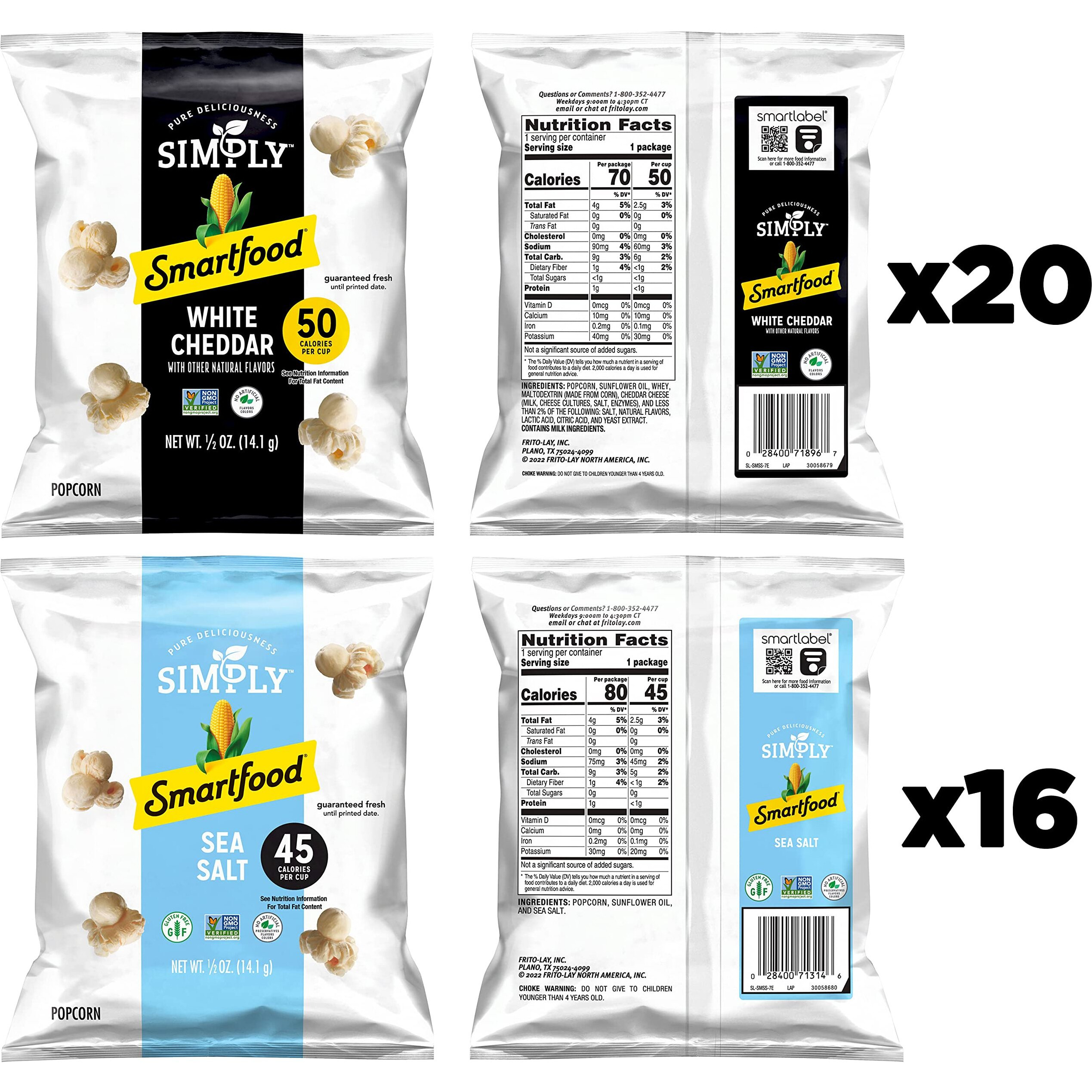 Smartfood Simply Variety Pack, White Cheddar And Sea Salt 0.5Oz (36 Count)