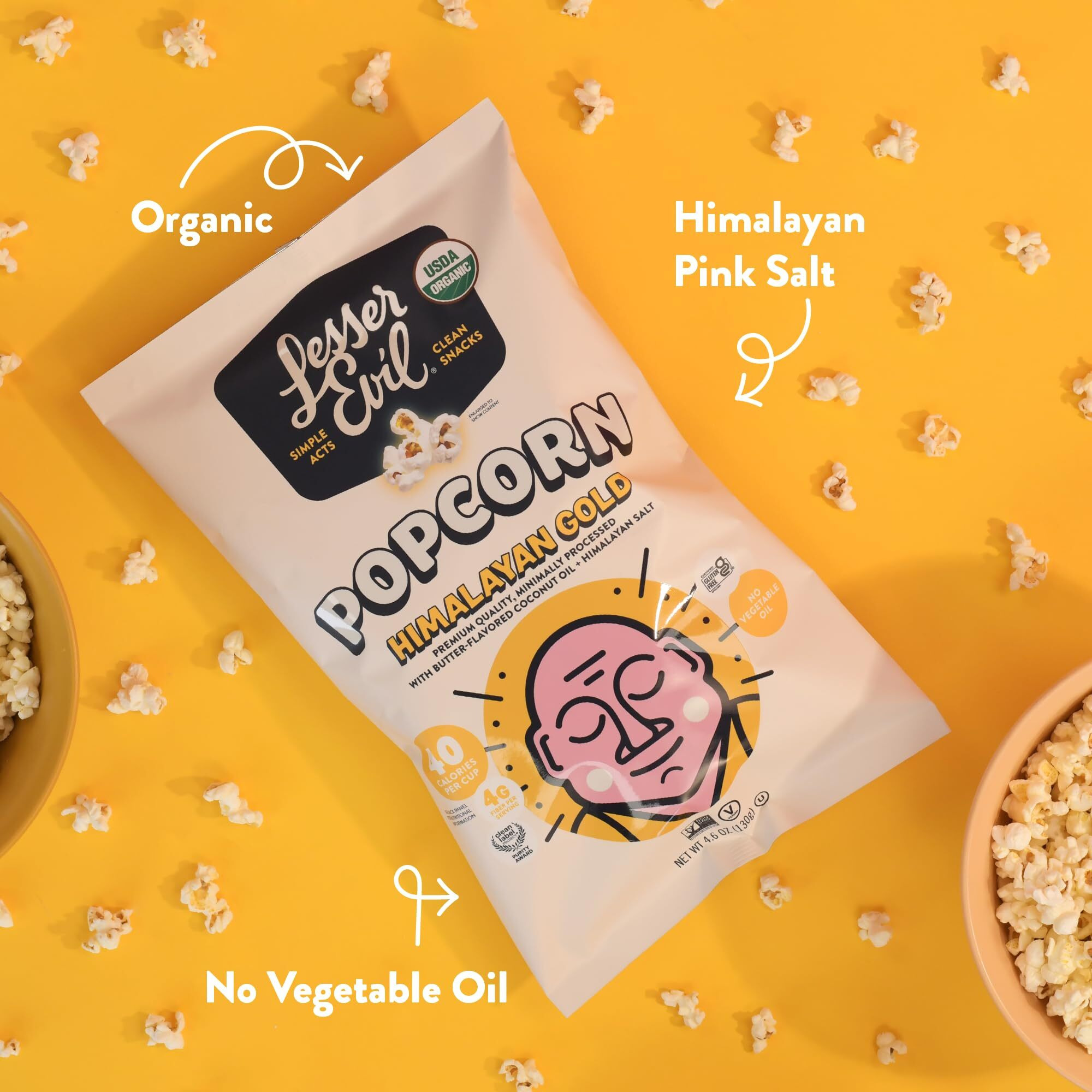 Lesserevil Himalayan Gold Organic Popcorn, Premium Quality, Minimally Processed, No Vegetable Oil, 4.6 Oz (Pack Of 3)