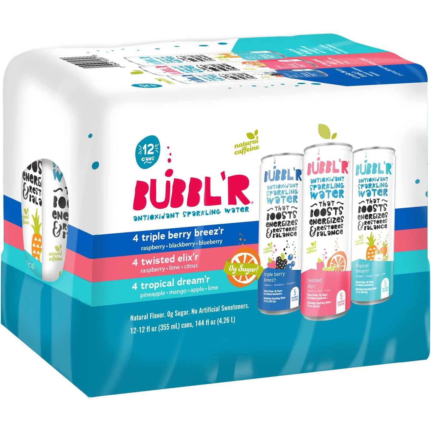Bubbl'R Sparkling Water, 3 Flavors With Natural Caffeine, Triple Berry Breez'R, Twisted Elix'R, Tropical Dream'R, Antioxidants, 0 Sugar - 12 Fl Oz Cans, 12 Count