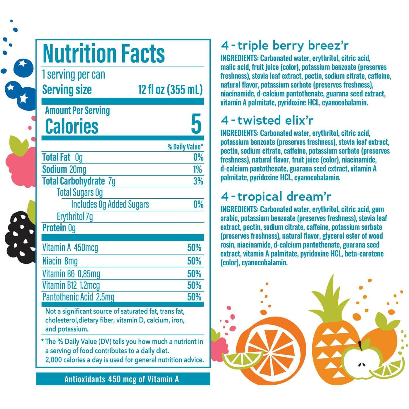 Bubbl'R Sparkling Water, 3 Flavors With Natural Caffeine, Triple Berry Breez'R, Twisted Elix'R, Tropical Dream'R, Antioxidants, 0 Sugar - 12 Fl Oz Cans, 12 Count