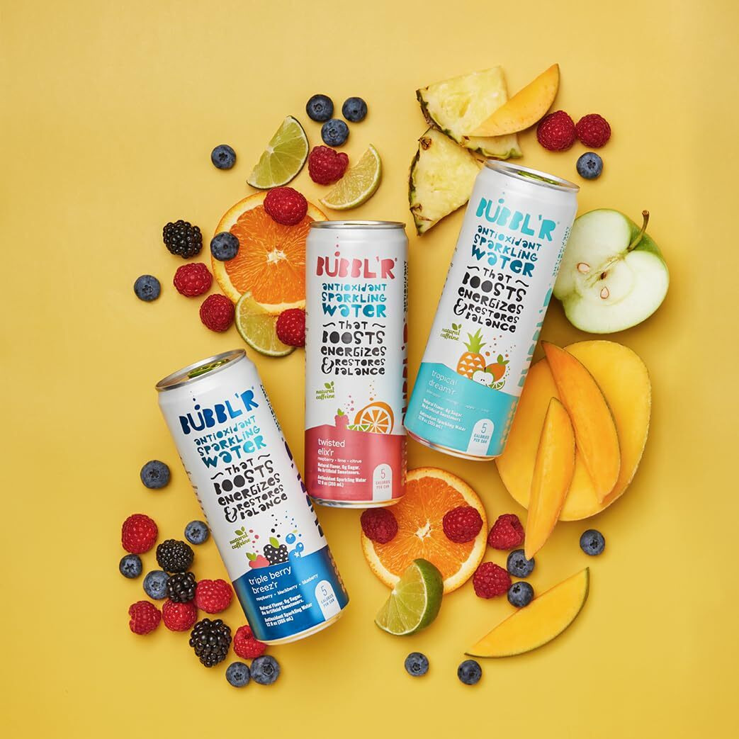 Bubbl'R Sparkling Water, 3 Flavors With Natural Caffeine, Triple Berry Breez'R, Twisted Elix'R, Tropical Dream'R, Antioxidants, 0 Sugar - 12 Fl Oz Cans, 12 Count