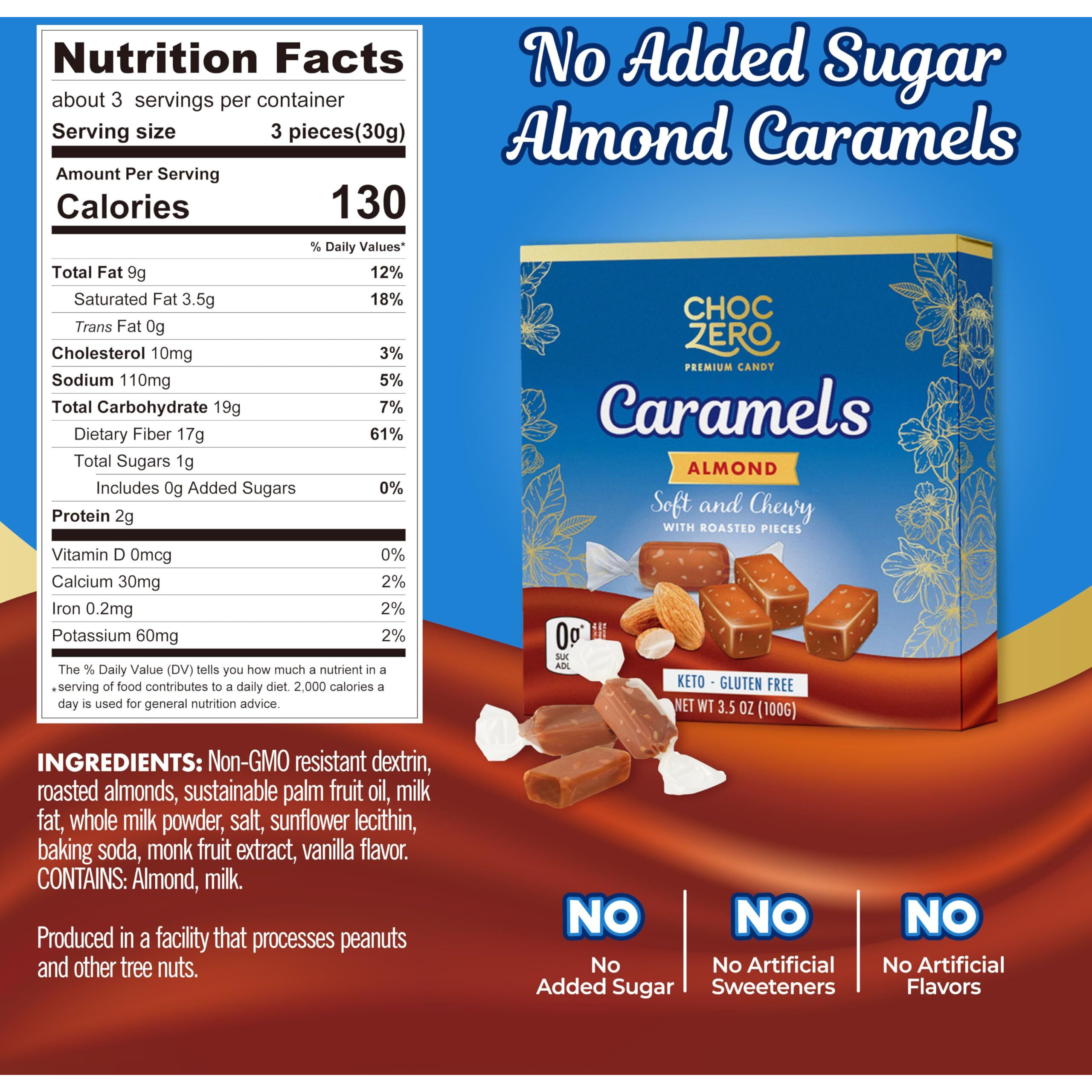 Choczero Sugar Free Almond Caramels, Soft And Chewy With Roasted Almonds, Keto Candy, All Natural, Low Carb Snack (3.5Oz Box)