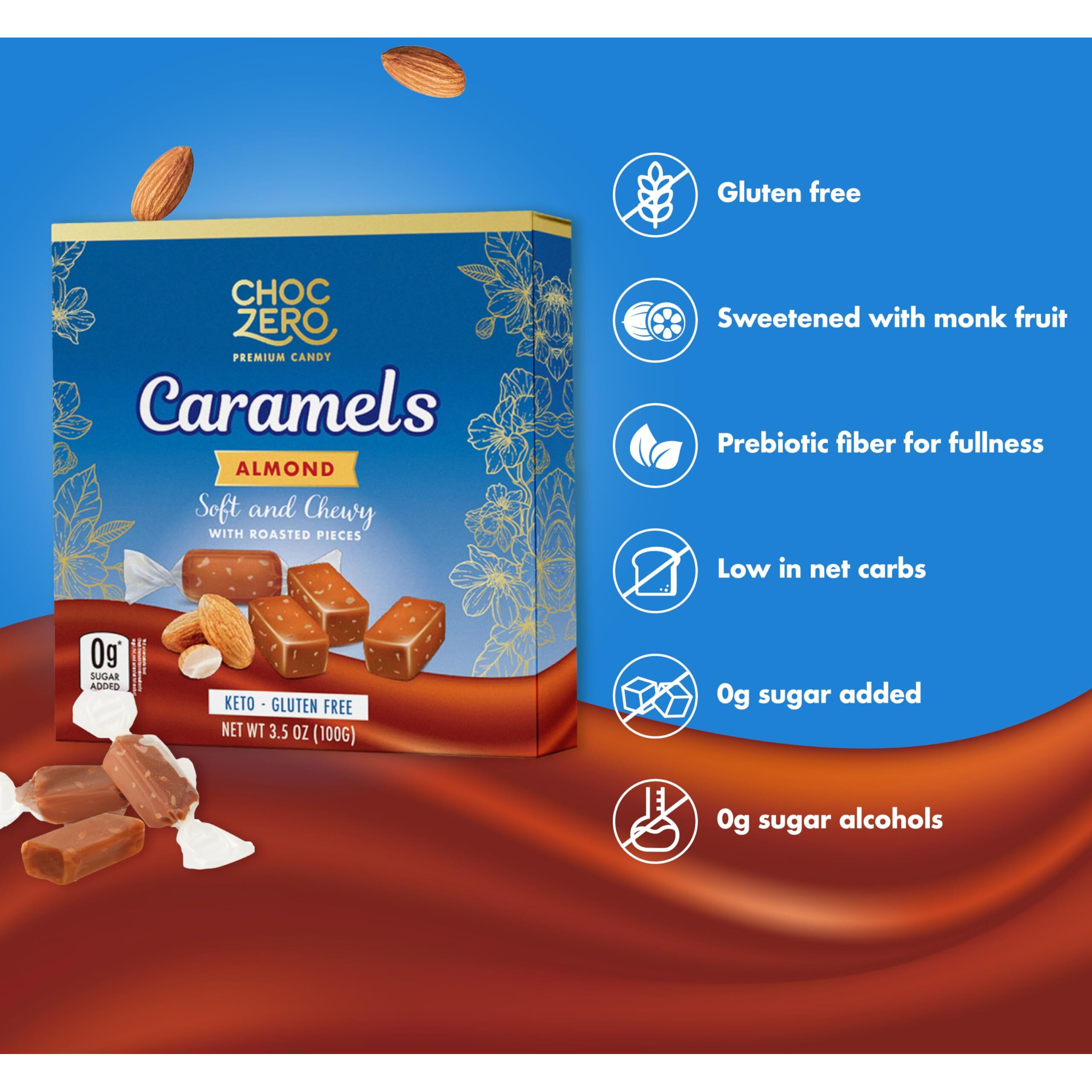 Choczero Sugar Free Almond Caramels, Soft And Chewy With Roasted Almonds, Keto Candy, All Natural, Low Carb Snack (3.5Oz Box)