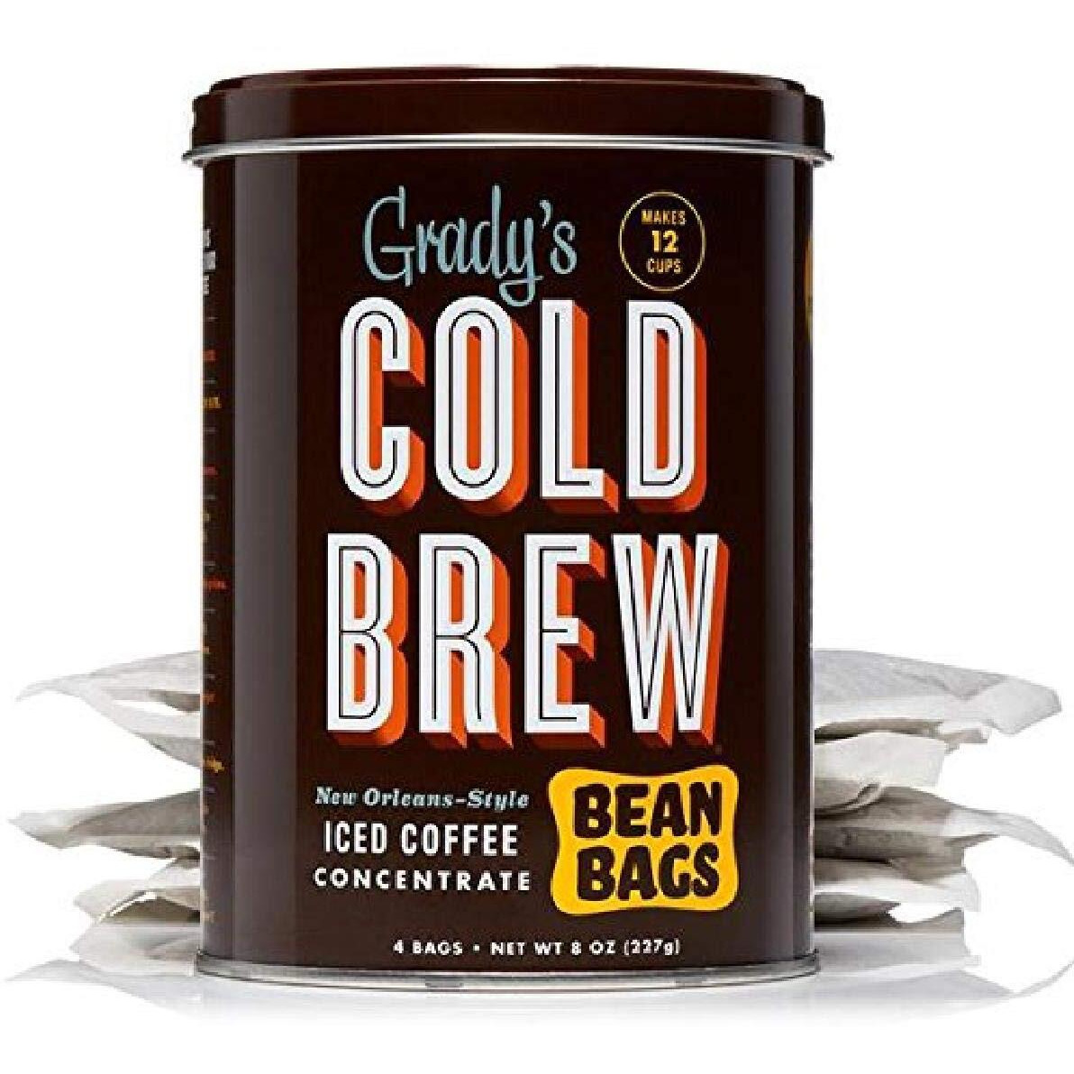 Grady's Cold Brew Coffee | Original - Brewed Strong | New Orleans Style Cold Brewed Coffee Concentrate | Medium Roast Gourmet Coffee | Coffee Can | 4 Bean Bags | 12 Servings Per Can