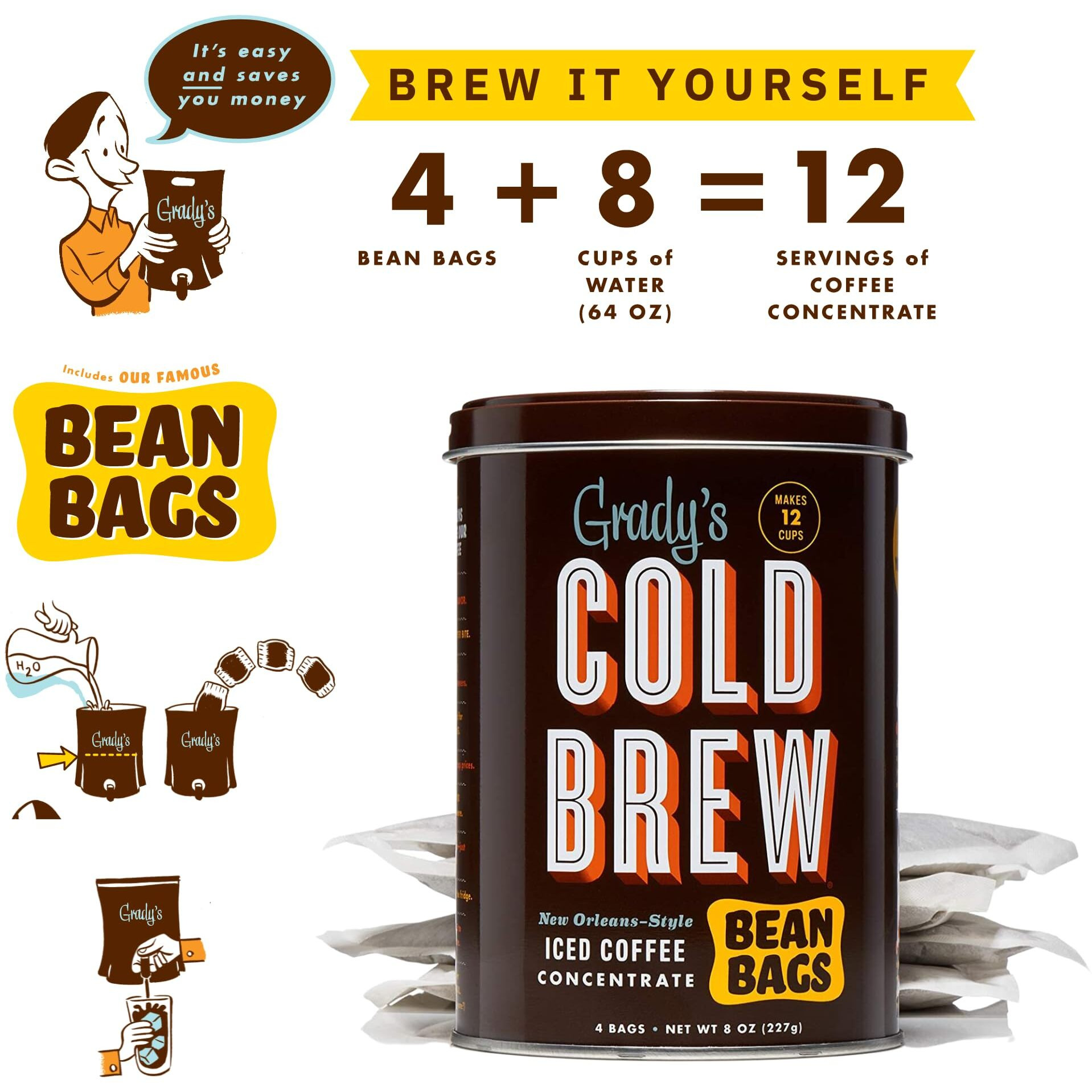 Grady's Cold Brew Coffee | Original - Brewed Strong | New Orleans Style Cold Brewed Coffee Concentrate | Medium Roast Gourmet Coffee | Coffee Can | 4 Bean Bags | 12 Servings Per Can