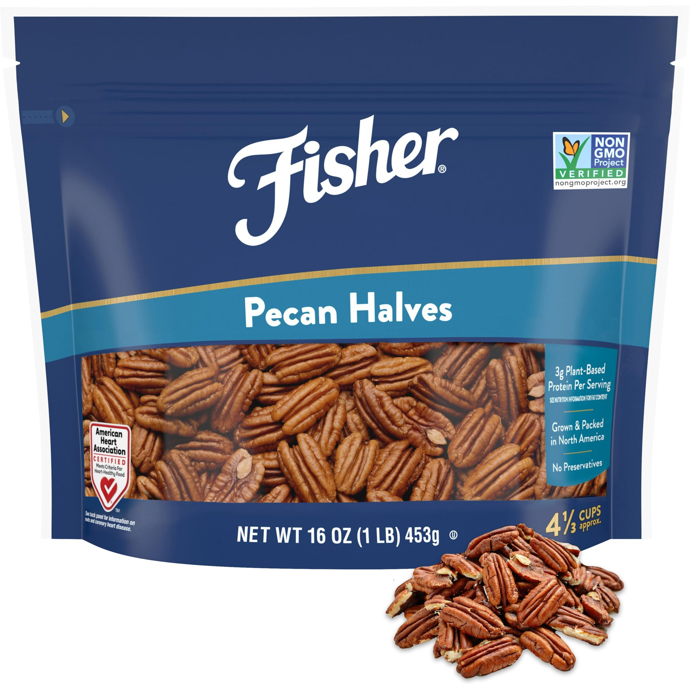Fisher Chef's Naturals Unsalted Pecan Halves 1Lb Resealable Bag, Unsalted Raw Nuts For Cooking, Baking & Snacking, Vegan Protein, Keto Snack, Gluten Free