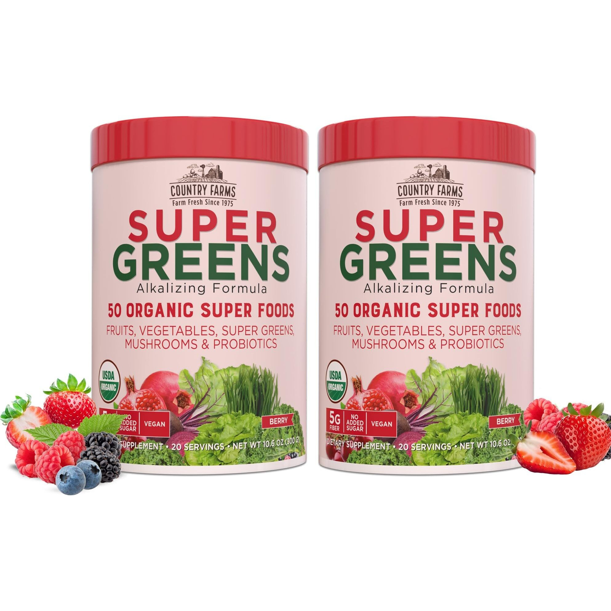 Country Farms Super Greens Berry Flavor, 50 Organic Foods, Usda Drink Mix, Multicolor, Multi, 40 Servings, 21 Oz, 2 Pack