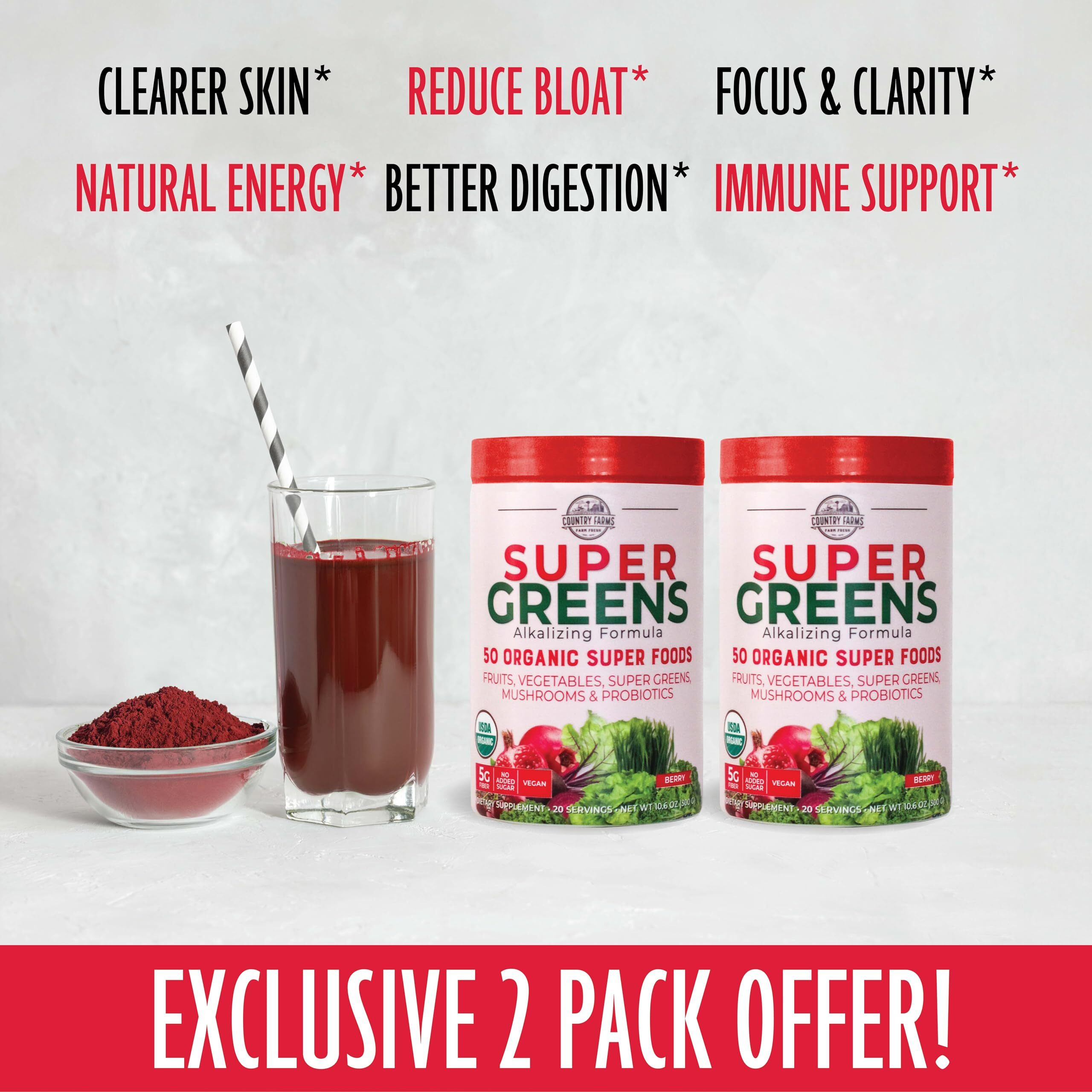 Country Farms Super Greens Berry Flavor, 50 Organic Foods, Usda Drink Mix, Multicolor, Multi, 40 Servings, 21 Oz, 2 Pack