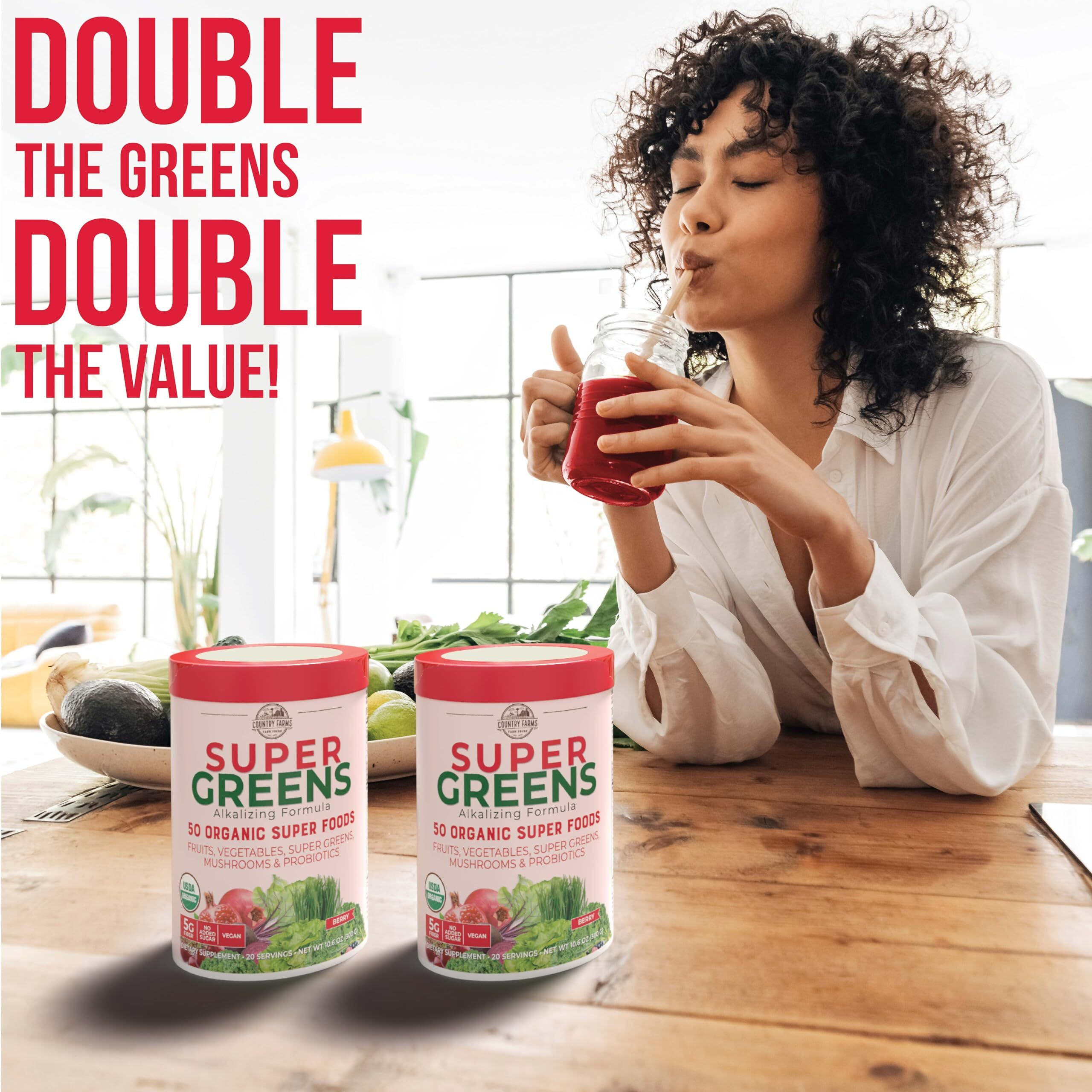 Country Farms Super Greens Berry Flavor, 50 Organic Foods, Usda Drink Mix, Multicolor, Multi, 40 Servings, 21 Oz, 2 Pack