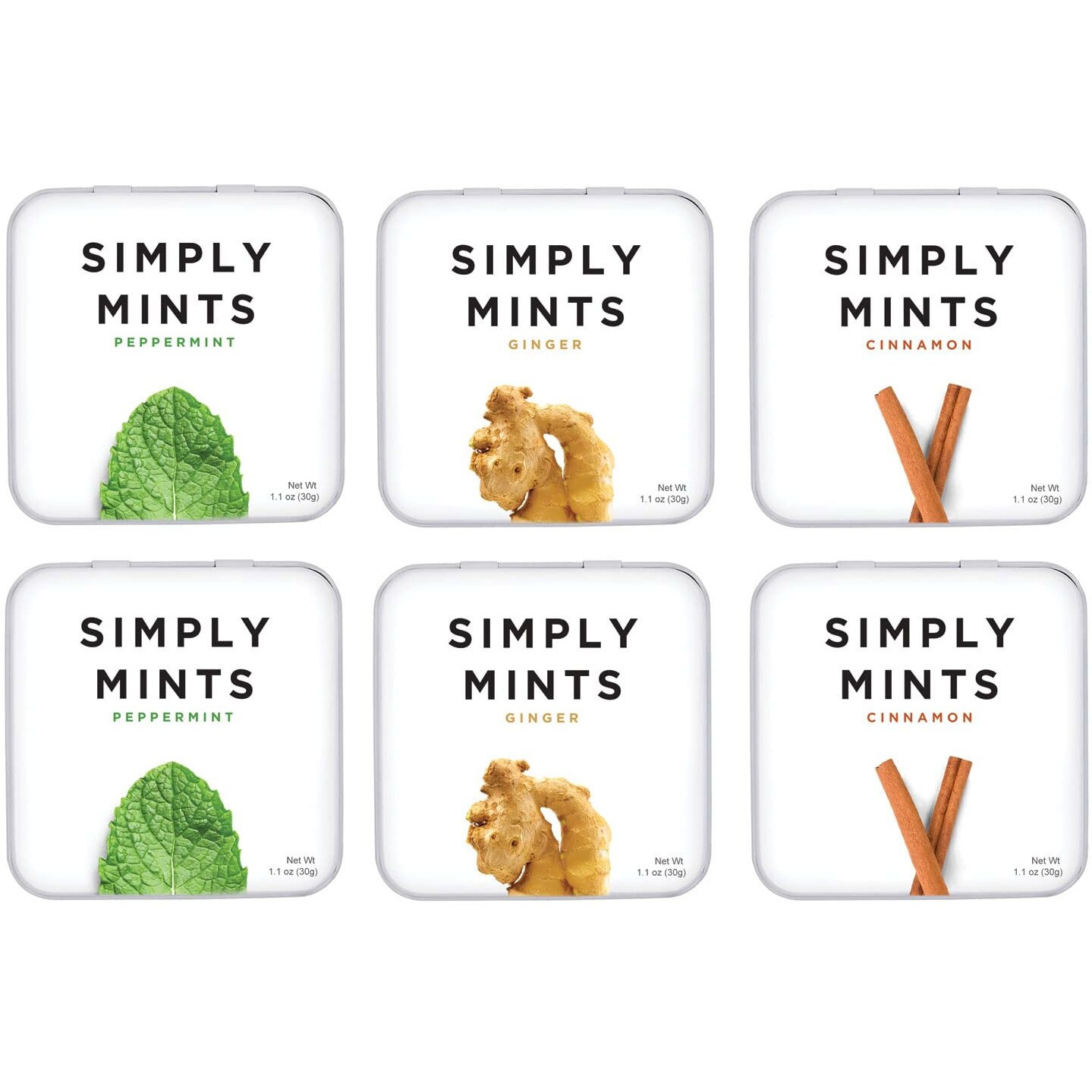 Simply Mints | Variety Pack - Peppermint, Ginger, Cinnamon | Pack Of Six (180 Pieces Total) | Breath Freshening + Aspartame-Free + Vegan + Non-Gmo