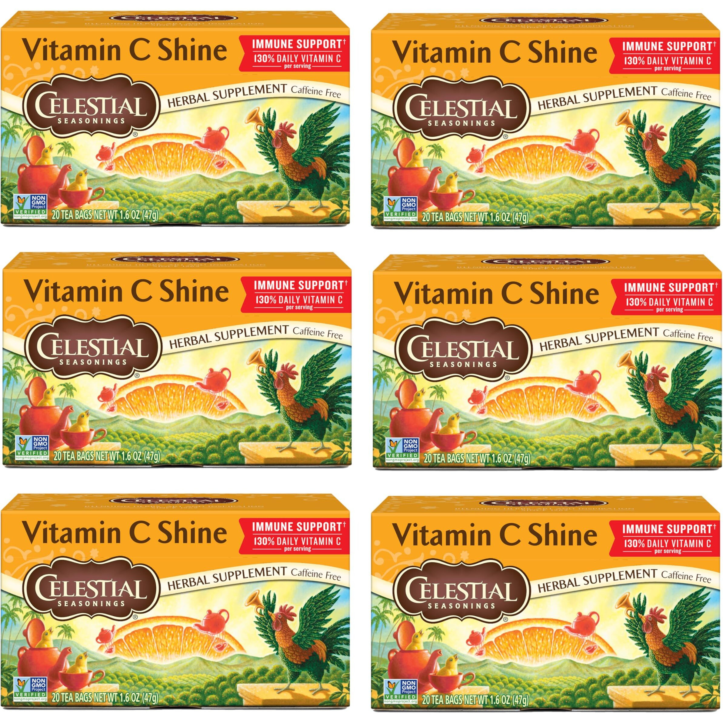 Celestial Seasonings Vitamin C Shine Herbal Tea, Caffeine Free, 20 Tea Bags Box, (Pack Of 6)