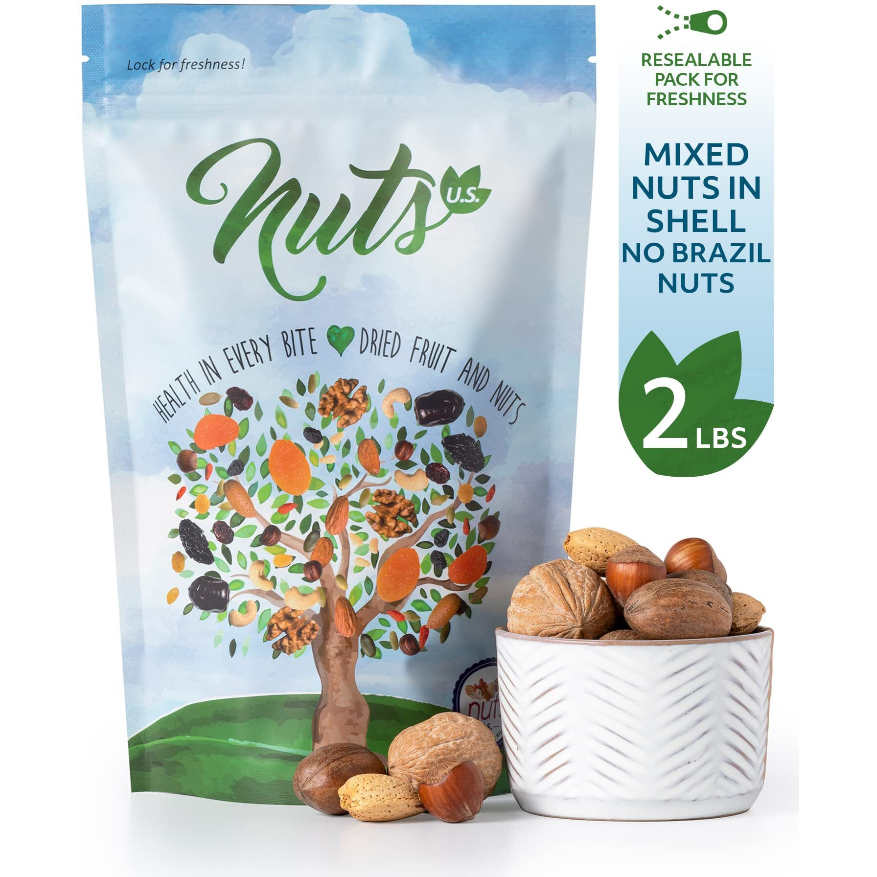 Nuts U.S. - Mixed Nuts In Shell (Almonds, Walnuts, Hazelnuts, Pecans) | No Added Colors And No Artificial Flavors | Fresh Buttery Taste And Raw |Packed In Resealable Bags (2 Lbs)