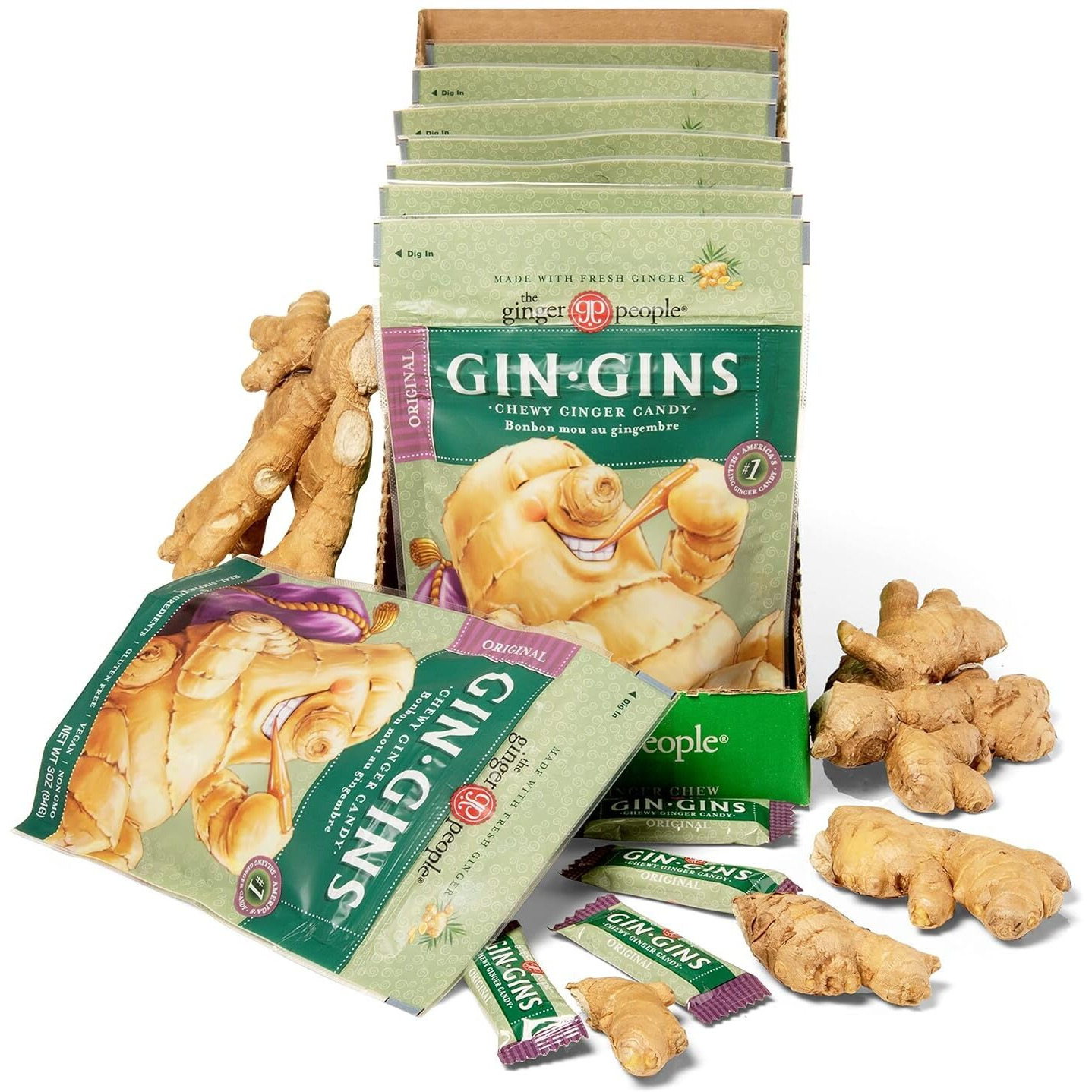Gin Gins Original Ginger Chews - Natural Fresh Ginger Candy By The Ginger People - Individually Wrapped Healthy Candy - Original Flavor - 3Oz Bag - Pack Of 8