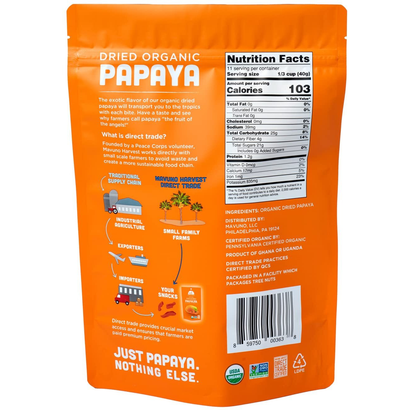 Mavuno Harvest Papaya Dried Fruit Snacks | Organic Dried Papaya Slices | Gluten Free Healthy Snacks For Kids And Adults | No Sugar Added, Vegan, Non Gmo, Direct Trade | 1 Pound Resealable Bag