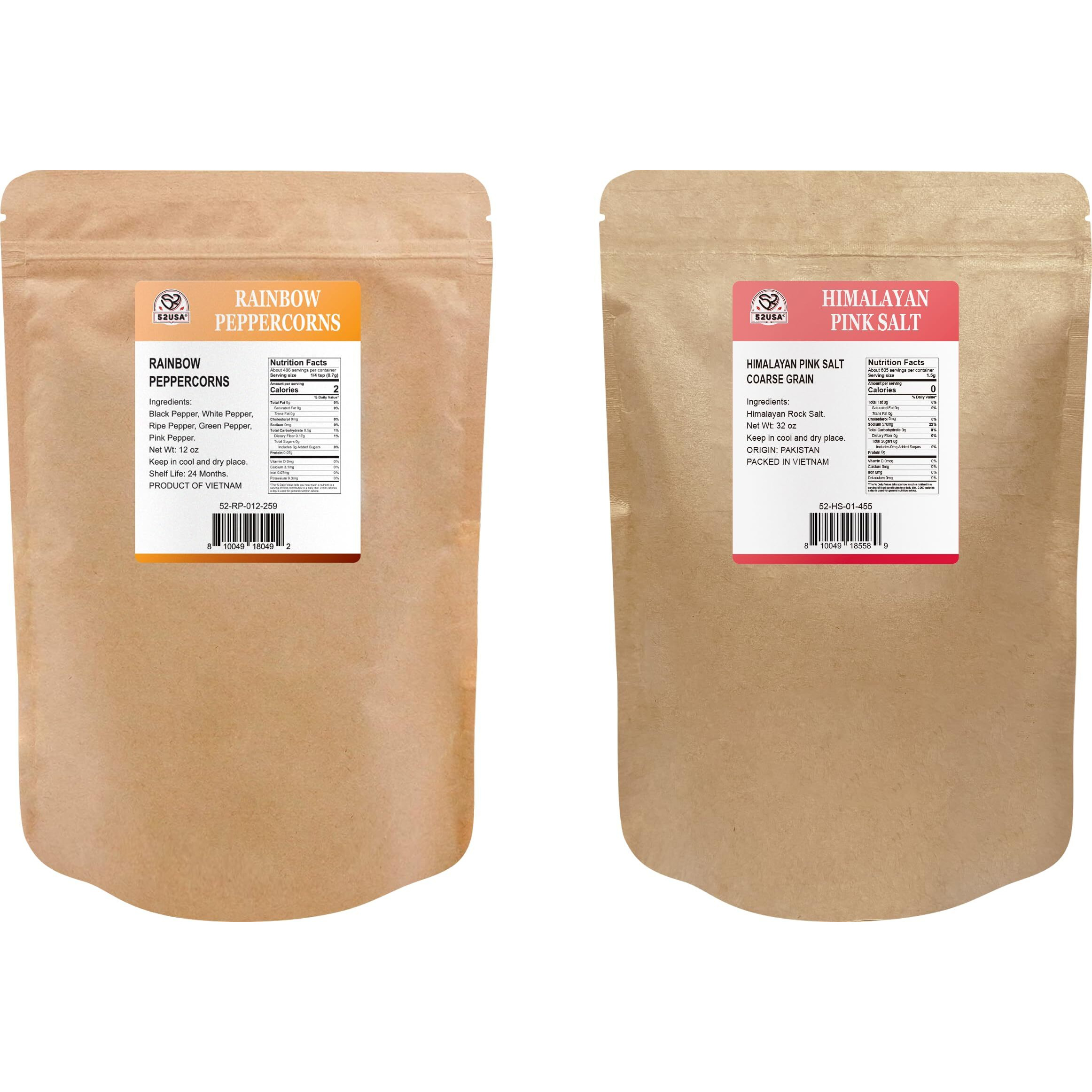 52Usa Rainbow Peppercorn Blend 12Oz + Himalayan Pink Salt Coarse 2 Lb (Pack Of 2), Non-Gmo, Kosher, Packed To Keep Pepper Fresh, Salt And Peppercorns For Grinder Refill