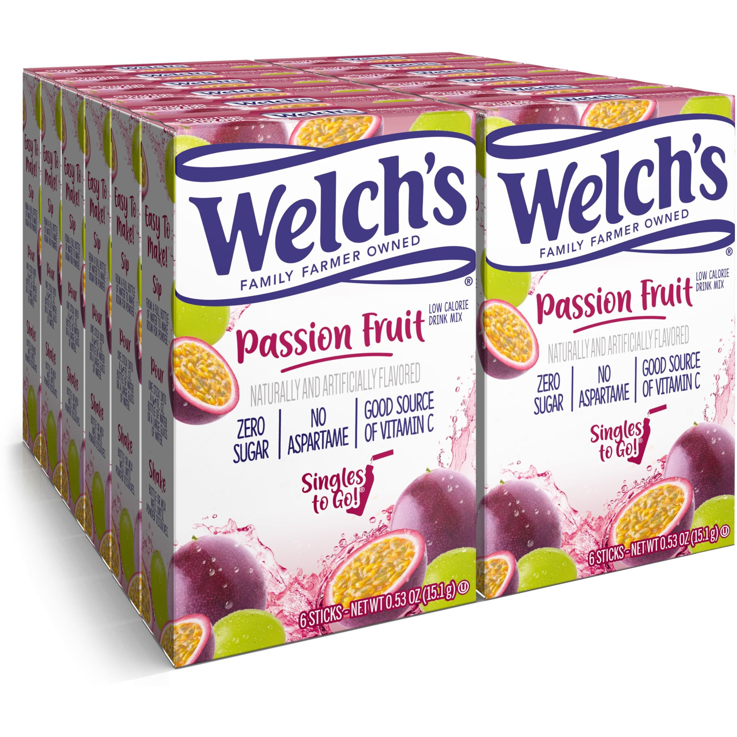 Welch's Singles To Go Water Drink Mix - Passion Fruit Powder Sticks (12 Boxes With 6 Packets Each - 72 Total Servings)