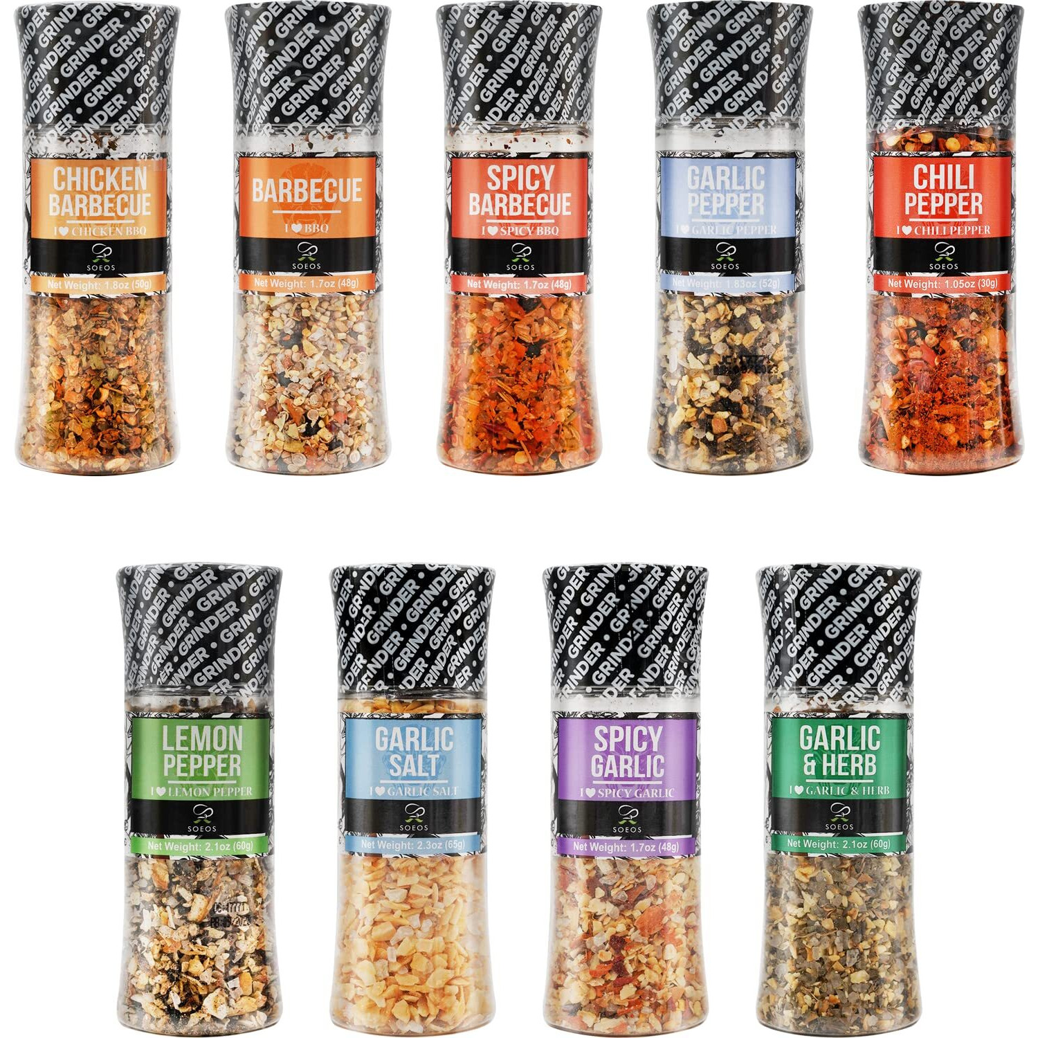 Soeos Spice Seasoning Set Of 9 With Integrated Grinders, Individual Spice Grinder, Pure And Fresh Perfect For Bbq Seasoning Gift Set, Grilling Spice, Pepper Grinder,Colorful